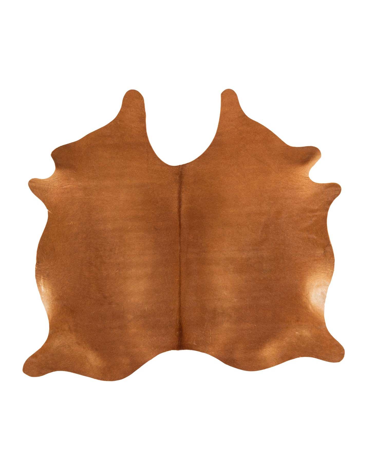 A 6'1" x 6'5" square brown cowhide rug with natural, irregular edges and a visible seam down the middle.