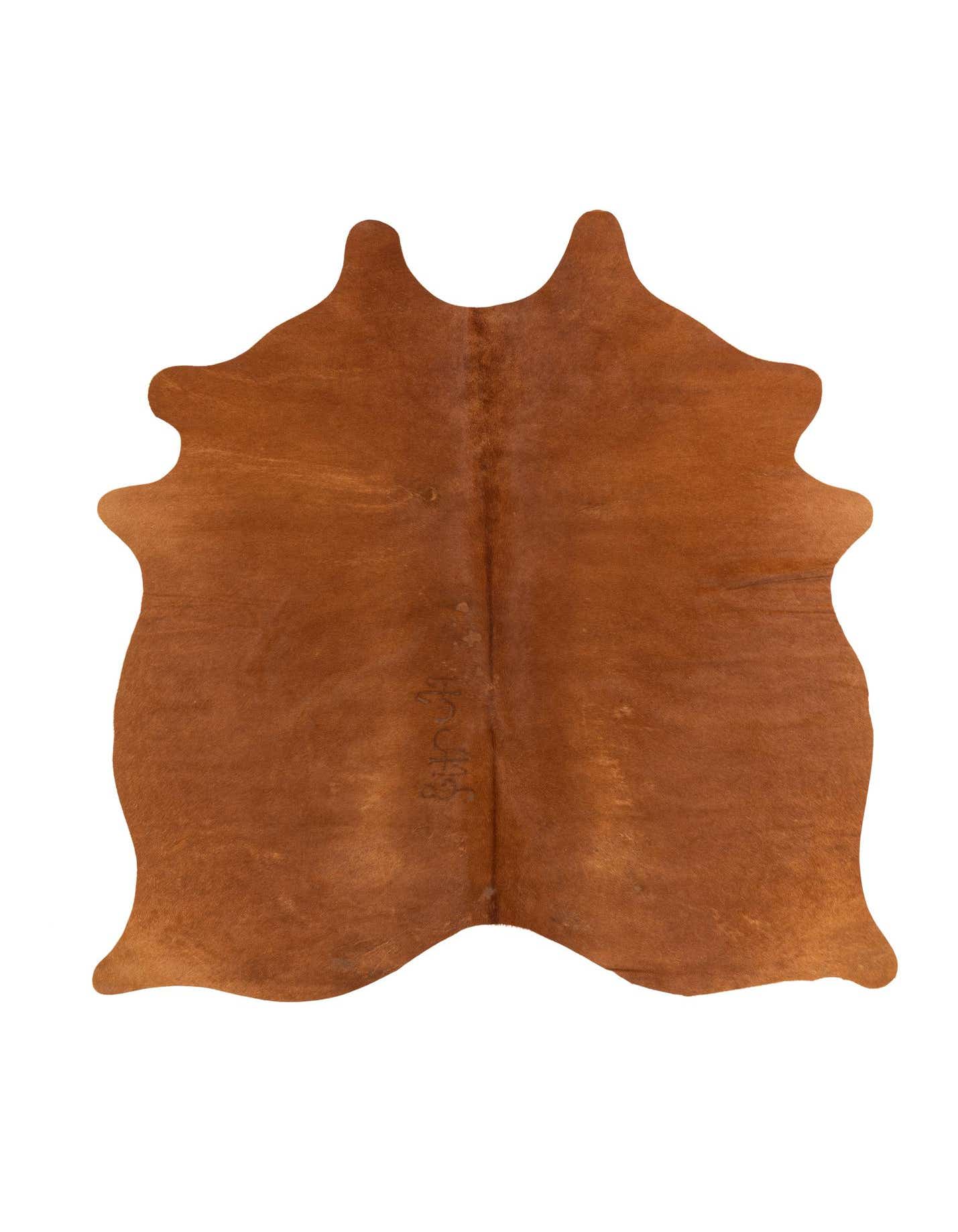 A 4'10 x 5'2 square brown cowhide leather rug with natural, irregular edges, showcasing its flat, textured pile.