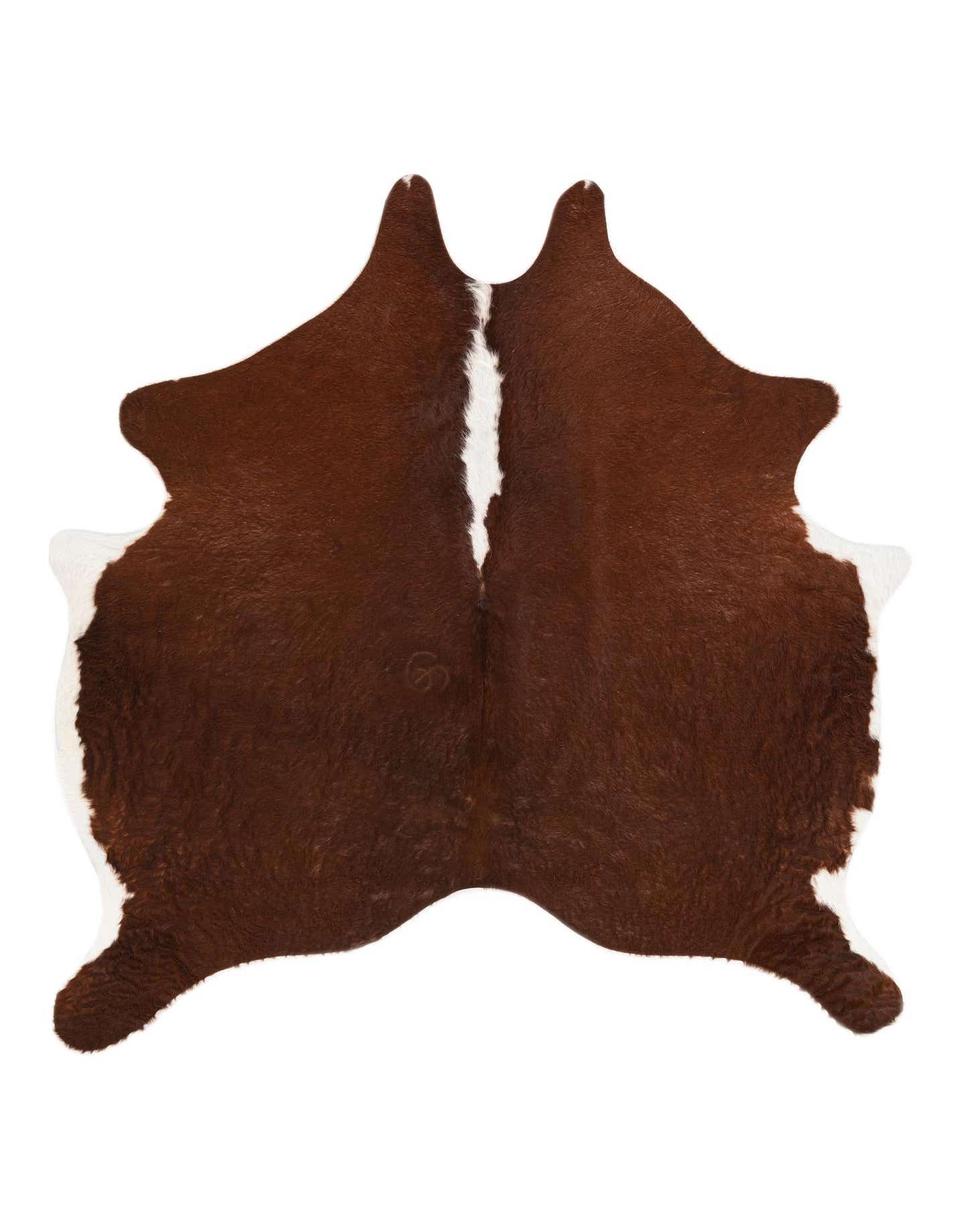 A 6' 1 x 6' 1 square brown and white cowhide rug with a natural, irregular shape and flat pile.