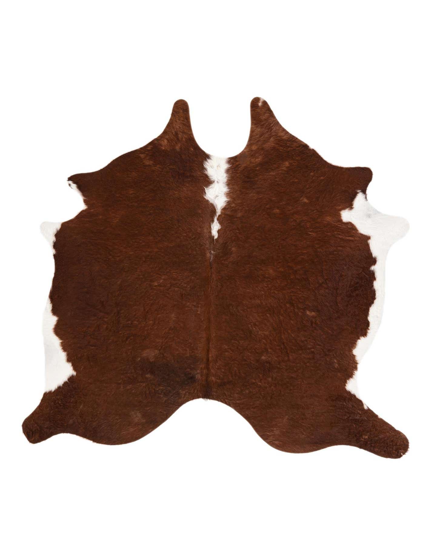 A 7' x 7' square brown and white cowhide rug with an organic, natural shape and flat pile.