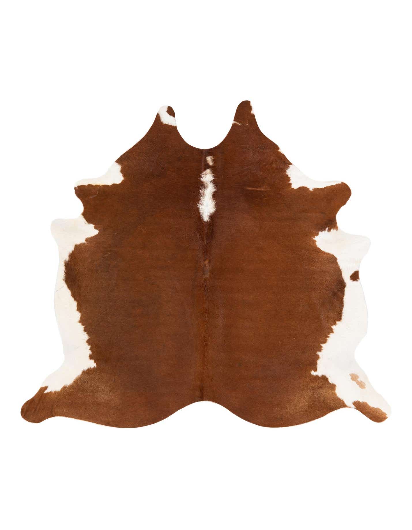A 6' x 6'2 square cowhide rug with rich brown and white patches, featuring a natural, irregular shape.