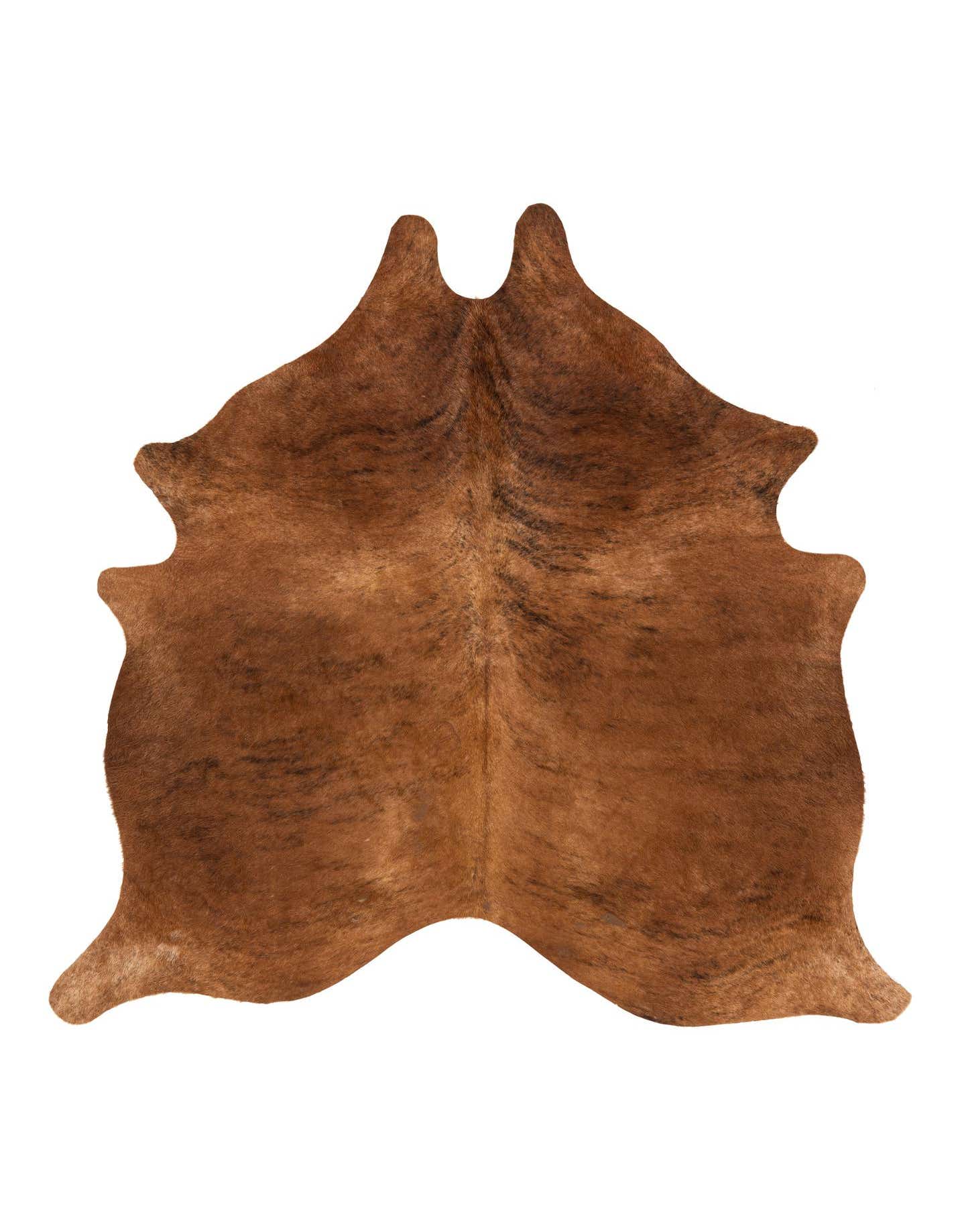 A 5' 10 x 6' 1 square cowhide rug in varying shades of brown and tan, featuring a natural, irregular shape and brindle pattern.