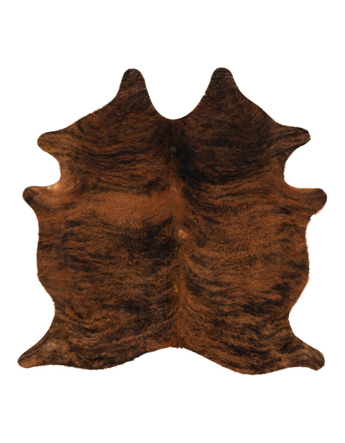 A 5' 0 x 5' 6 square brown and tan brindle cowhide rug with a natural, irregular shape and textured flat pile.