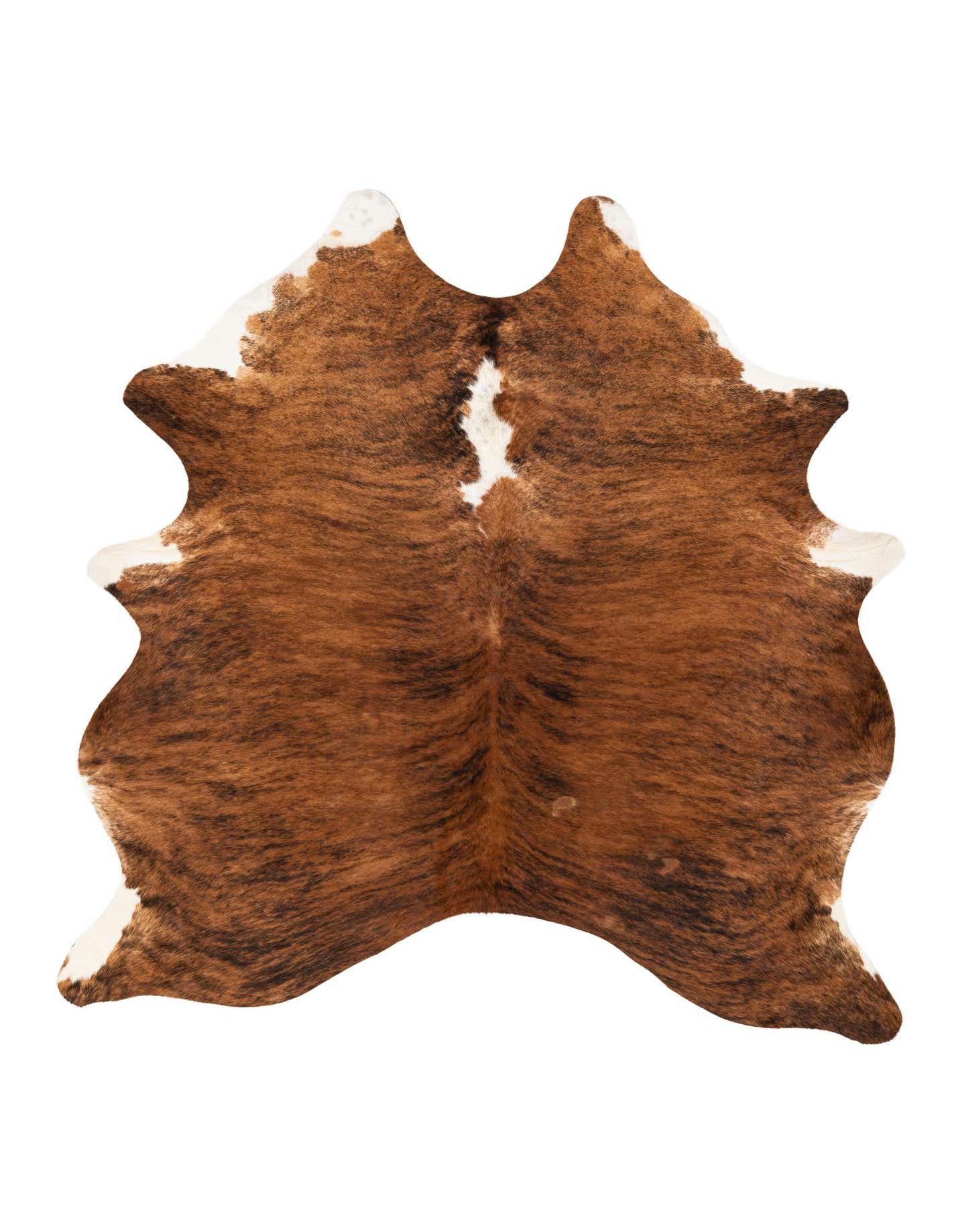 A 5' 3 x 5' 8 square cowhide rug with natural brown and tan brindle patterns and white accents.