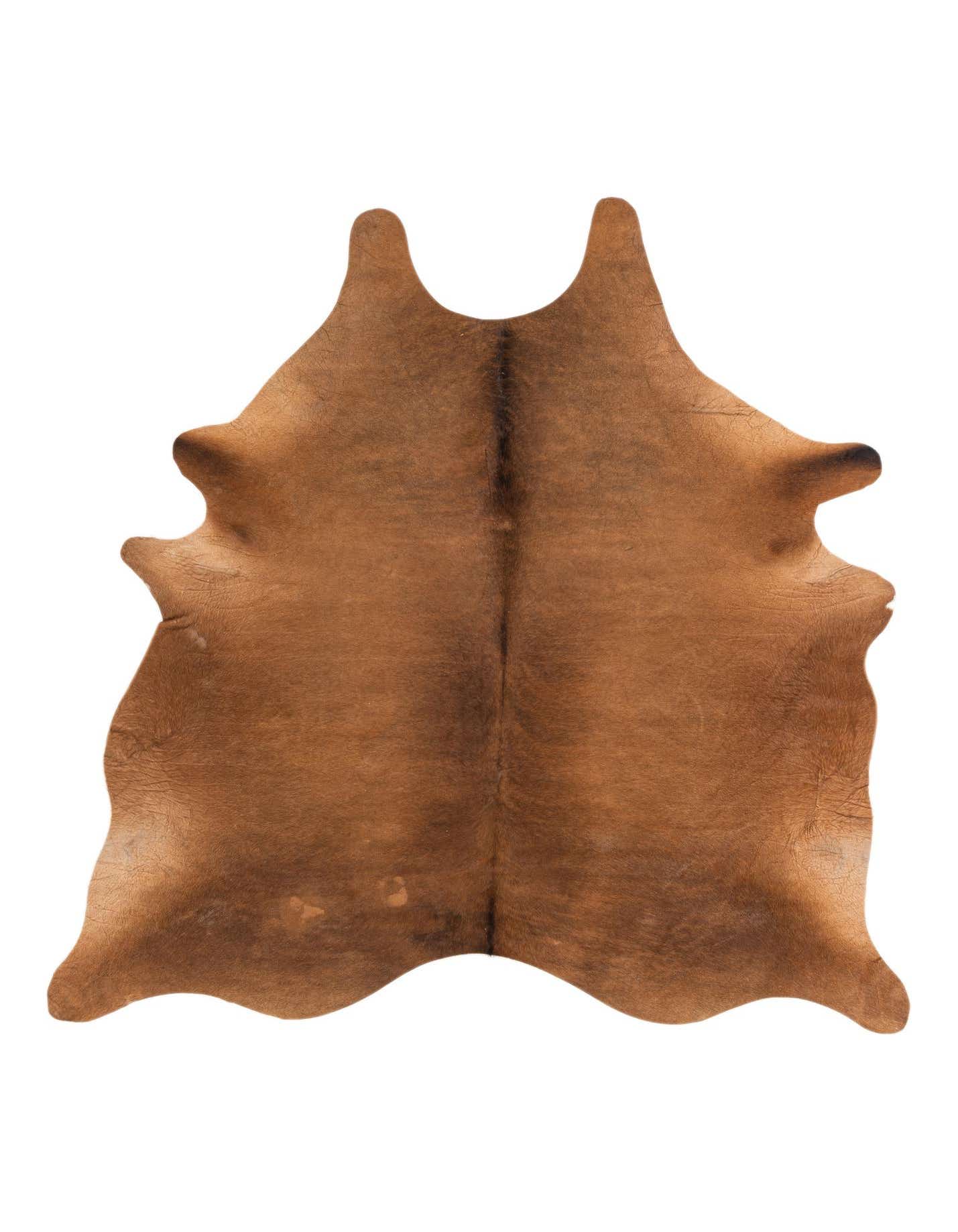 A 6' 5 x 6' 8 square brown and tan cowhide rug with a natural, irregular shape and flat pile.