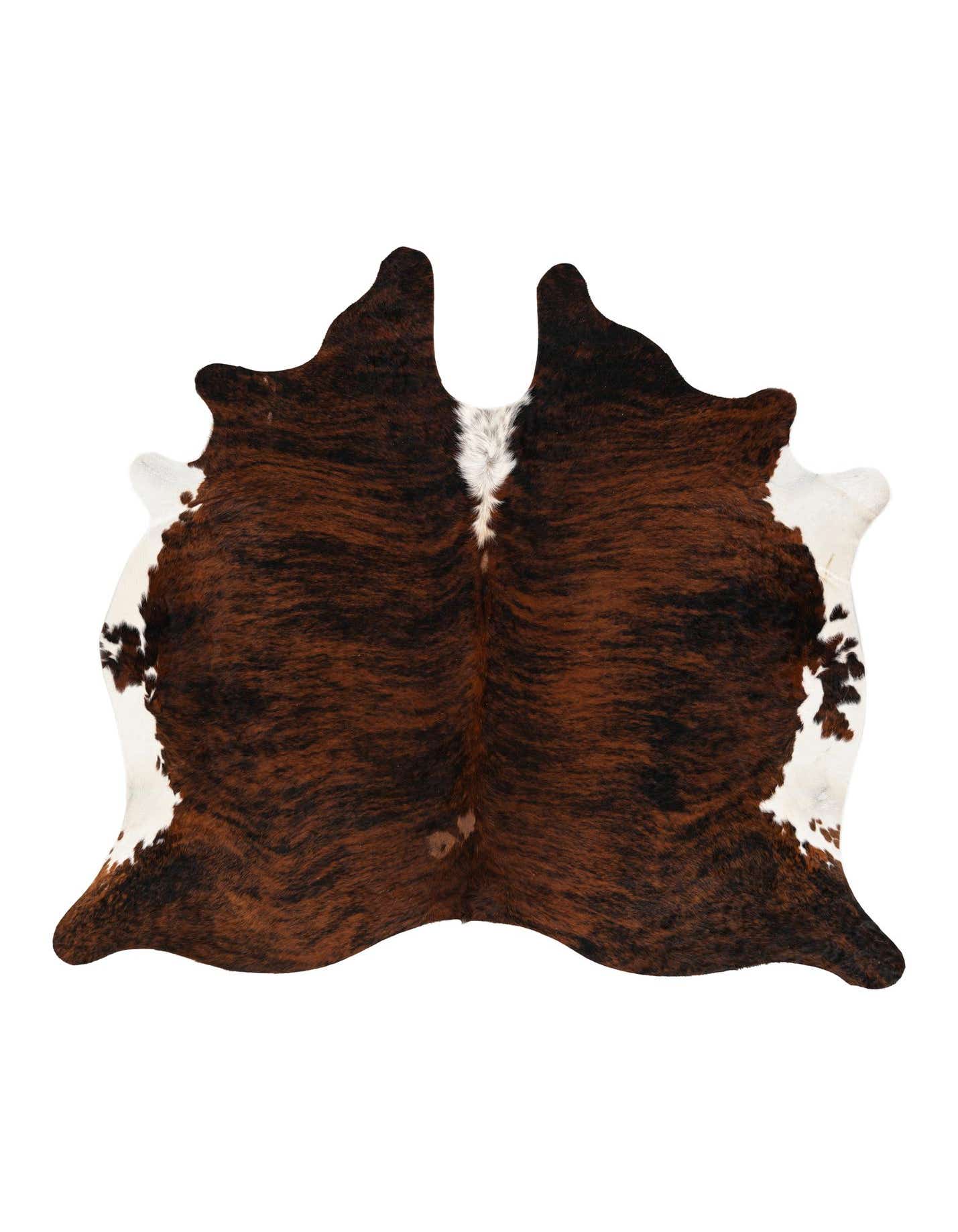 A 6' 7 x 7' 2 square cowhide rug featuring rich browns, tans, and white patches, showcasing its natural, irregular shape and texture.