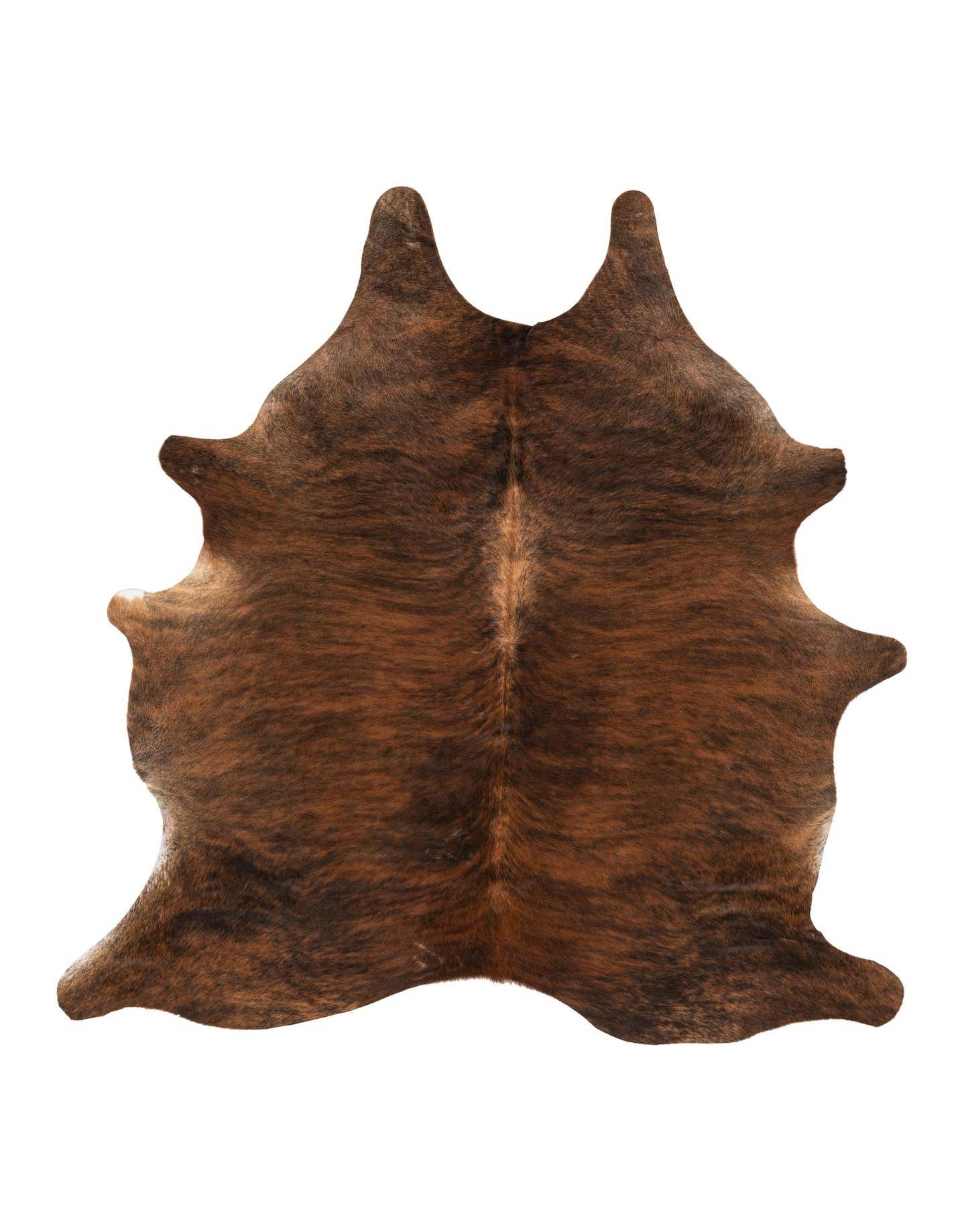 A 5' 8 x 6' 2 square cowhide rug featuring a brindle pattern with rich brown and tan stripes.