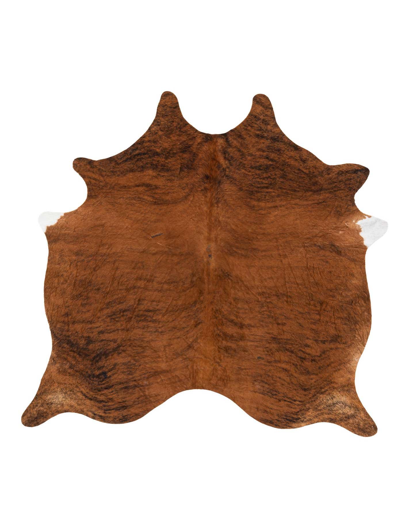 A 6'1" x 6'3" square cowhide rug in shades of brown and tan with natural brindle patterns and some white accents.