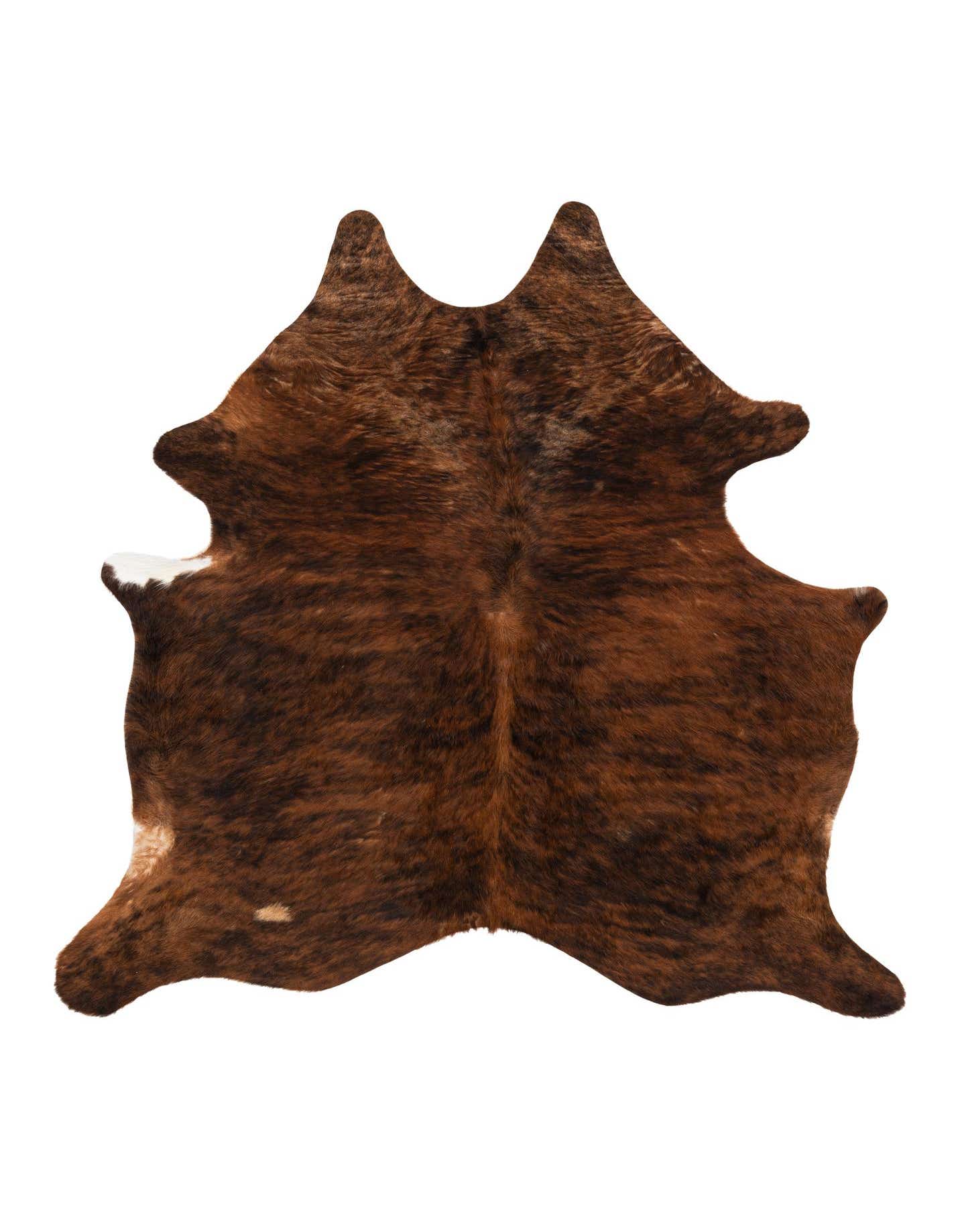 A 5' 8 x 5' 10 square cowhide rug in varying shades of brown and tan with natural, irregular edges.