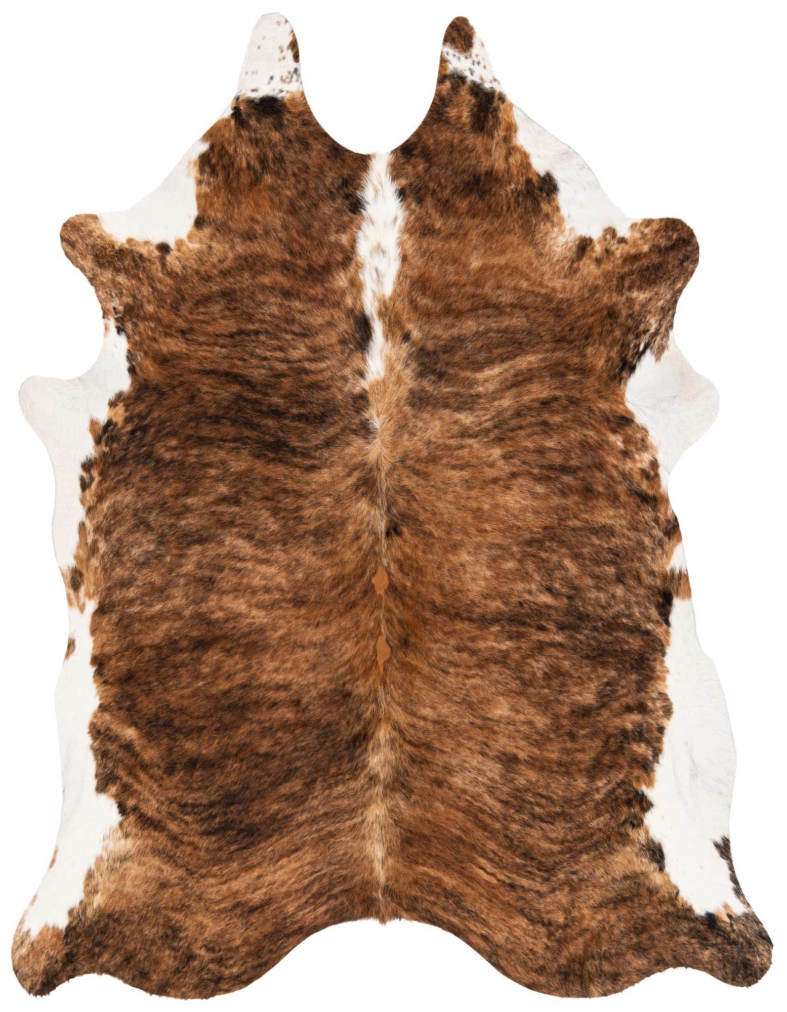 A large 7' 5 x 7' 11 square cowhide rug with natural brown and tan brindle patterns and white accents.