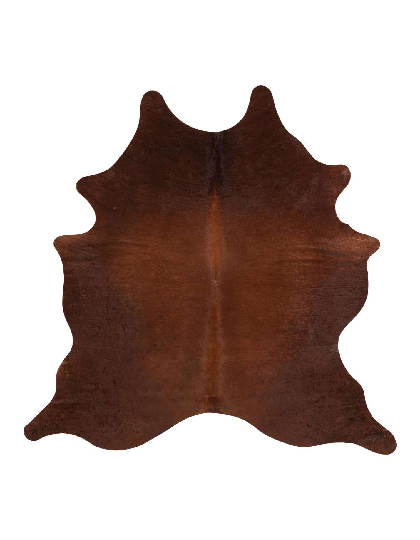 A 6'1" x 6'5" square brown cowhide rug with a natural, irregular shape and flat pile.