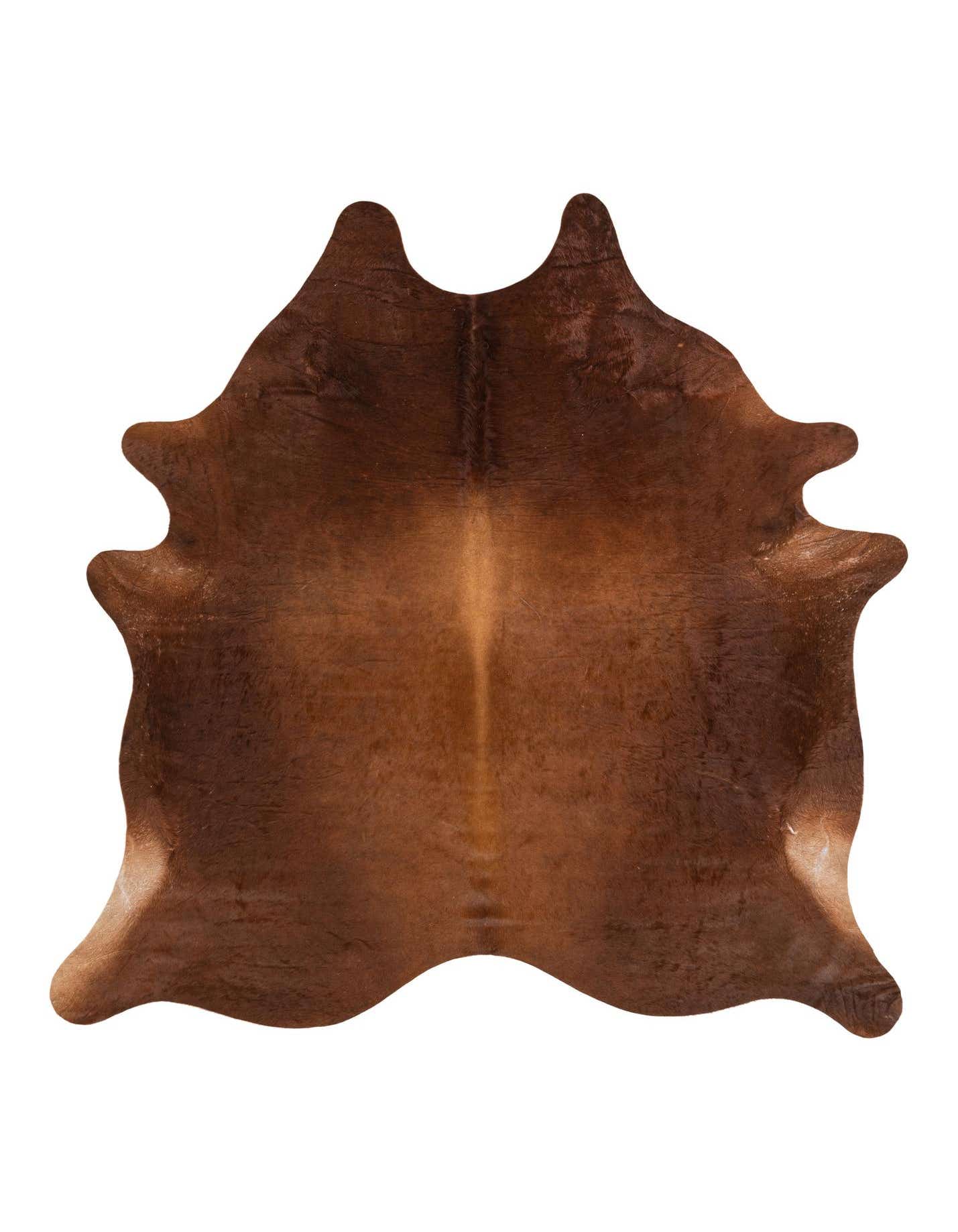 A 7' 0 x 7' 5 square brown cowhide rug with natural, irregular edges and varied tan and brown tones.