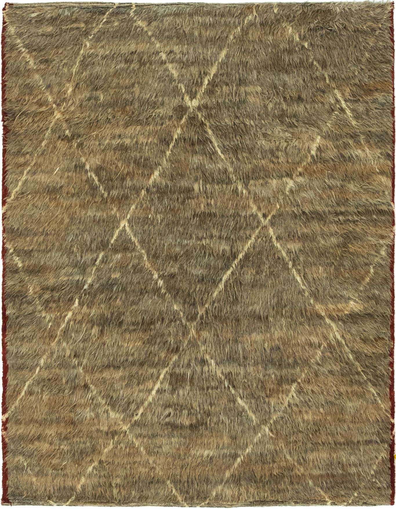 A square, high-pile brown and tan wool rug with a tribal diamond pattern, perfect for a cozy living space.