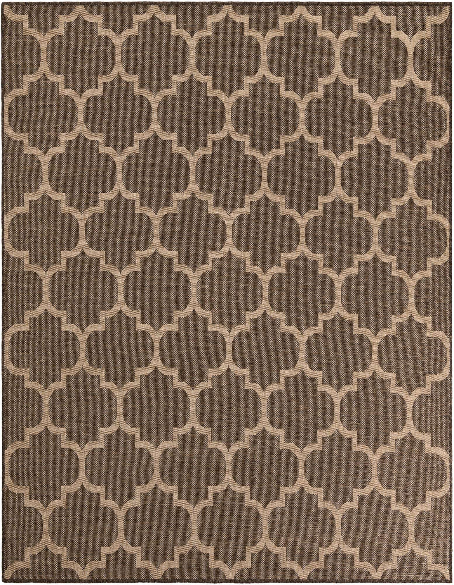 A 7' 10 x 7' 10 square brown rug with a repeating tan modern trellis pattern, suitable for indoor spaces.
