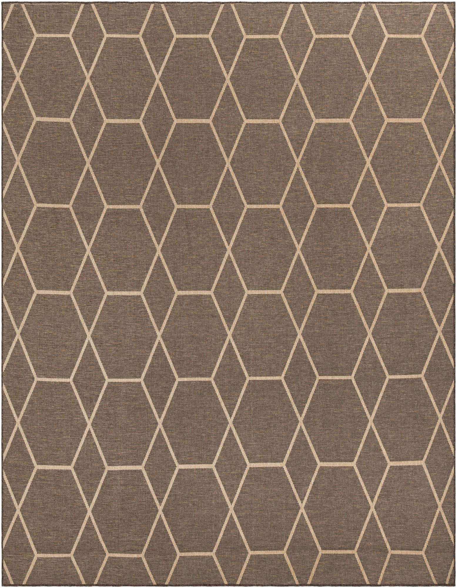 A 12' 2 x 12' 2 square brown indoor rug featuring a modern tan geometric trellis pattern.