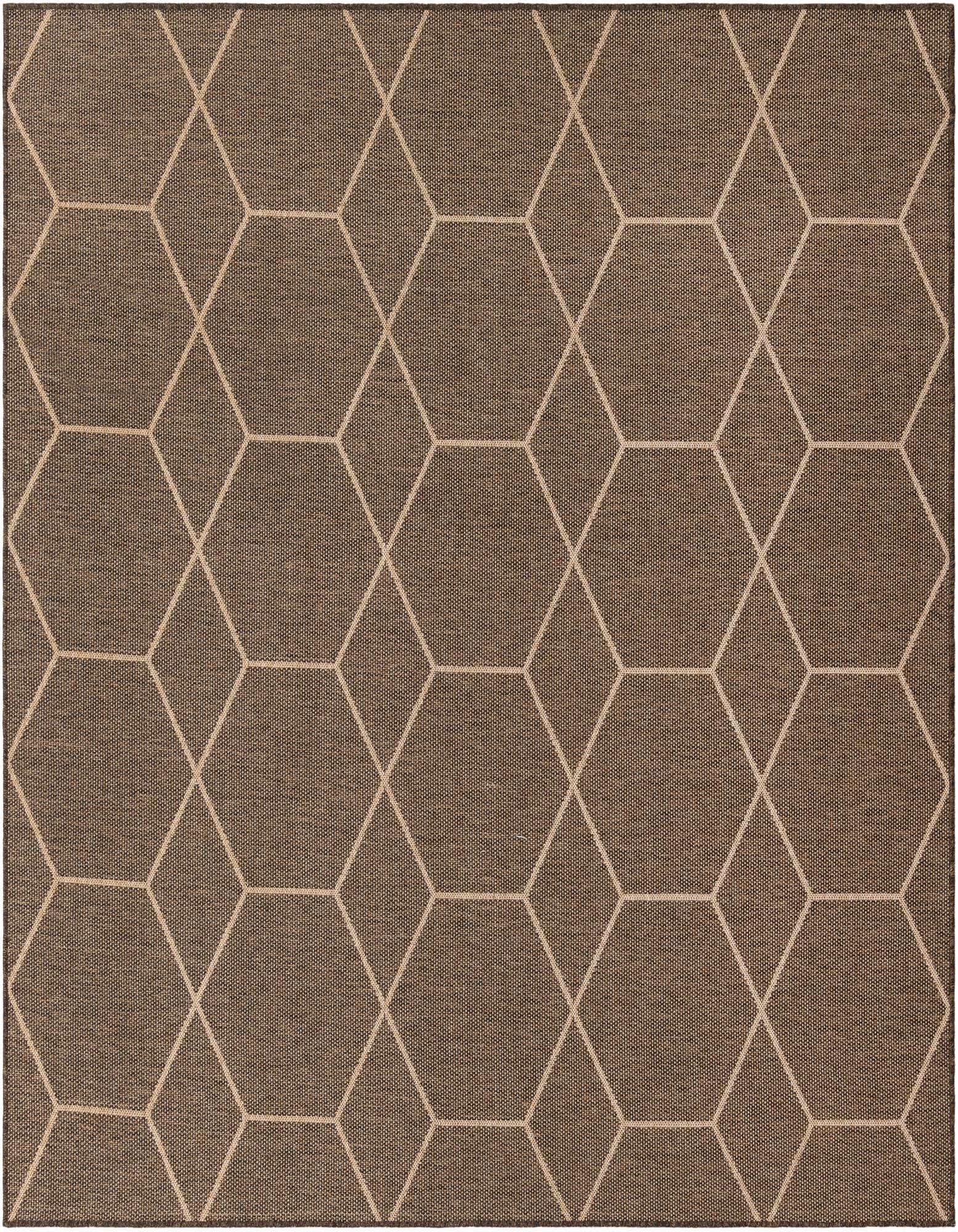 A 7' 10 x 7' 10 square brown flatweave rug with a modern tan geometric trellis pattern.