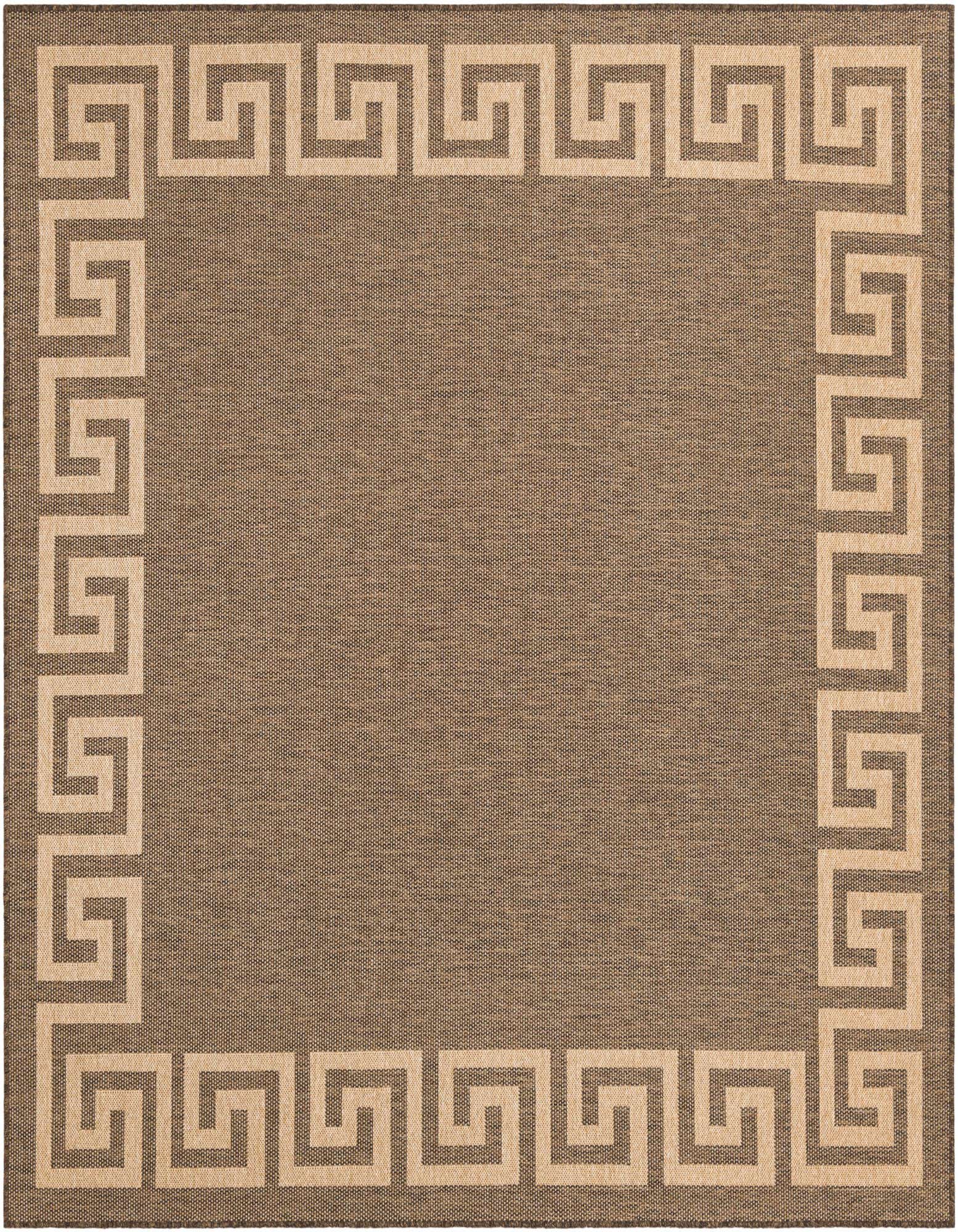 A 12'x12' square brown indoor rug with a light tan Greek key border pattern, featuring a flatweave texture.