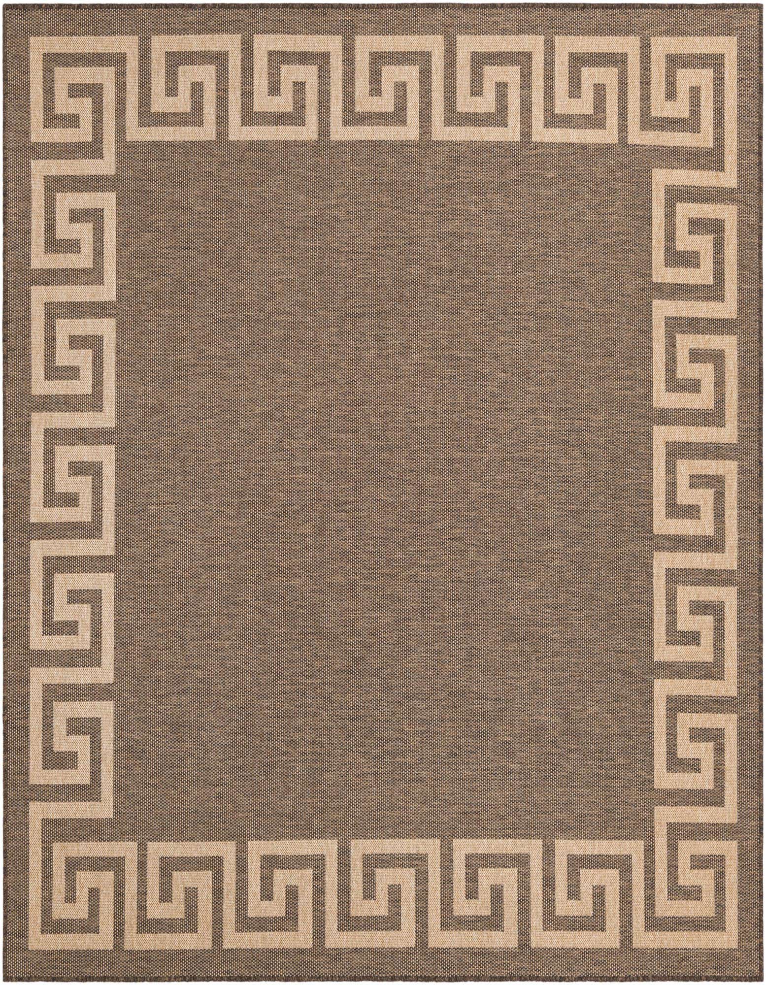 A square brown flatweave rug with a light tan Greek key border pattern, suitable for indoor spaces.