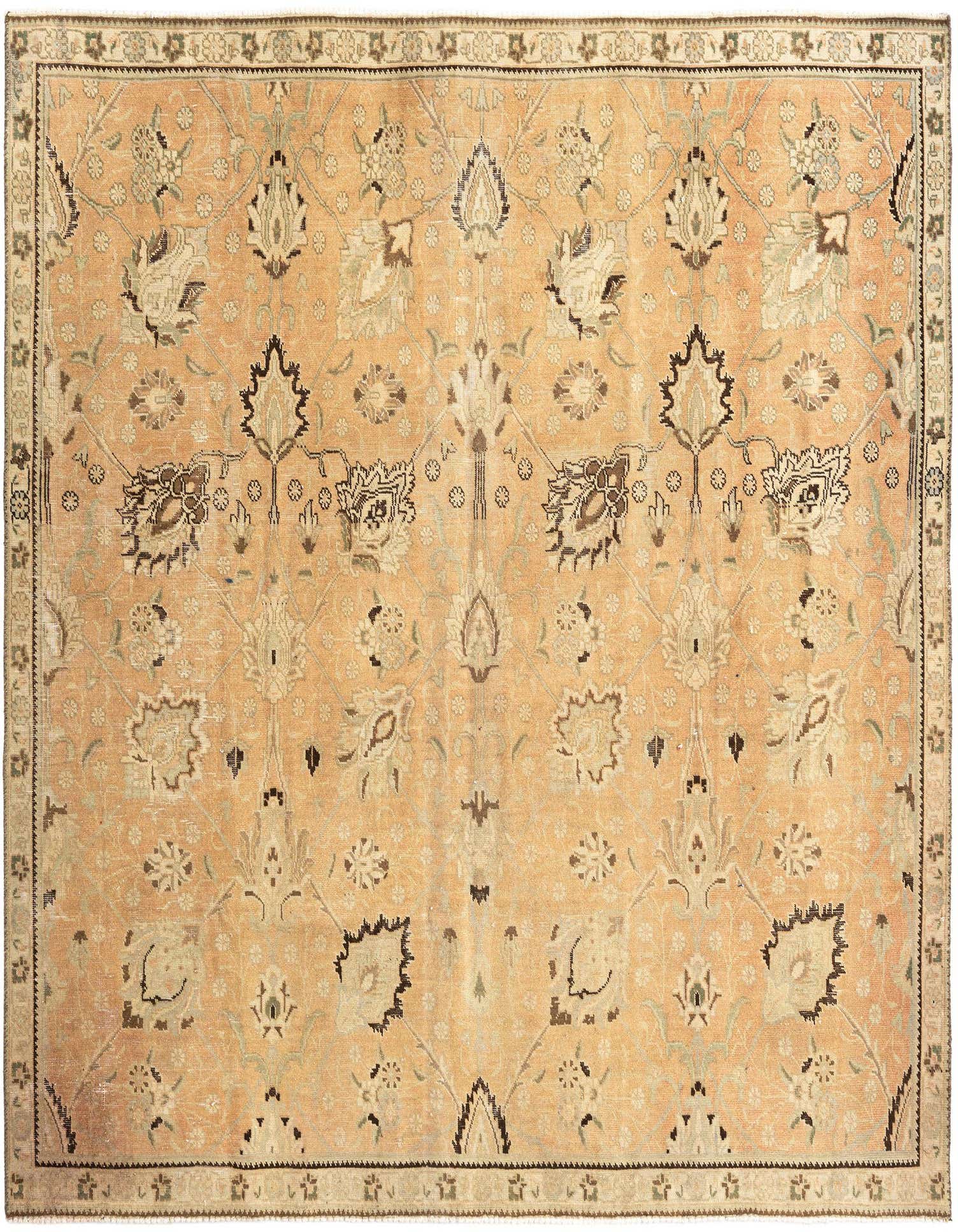 A 7' 1 x 7' 5 square Hamedan tribal wool rug in shades of brown and tan, featuring an intricate floral and medallion pattern with a decorative border.