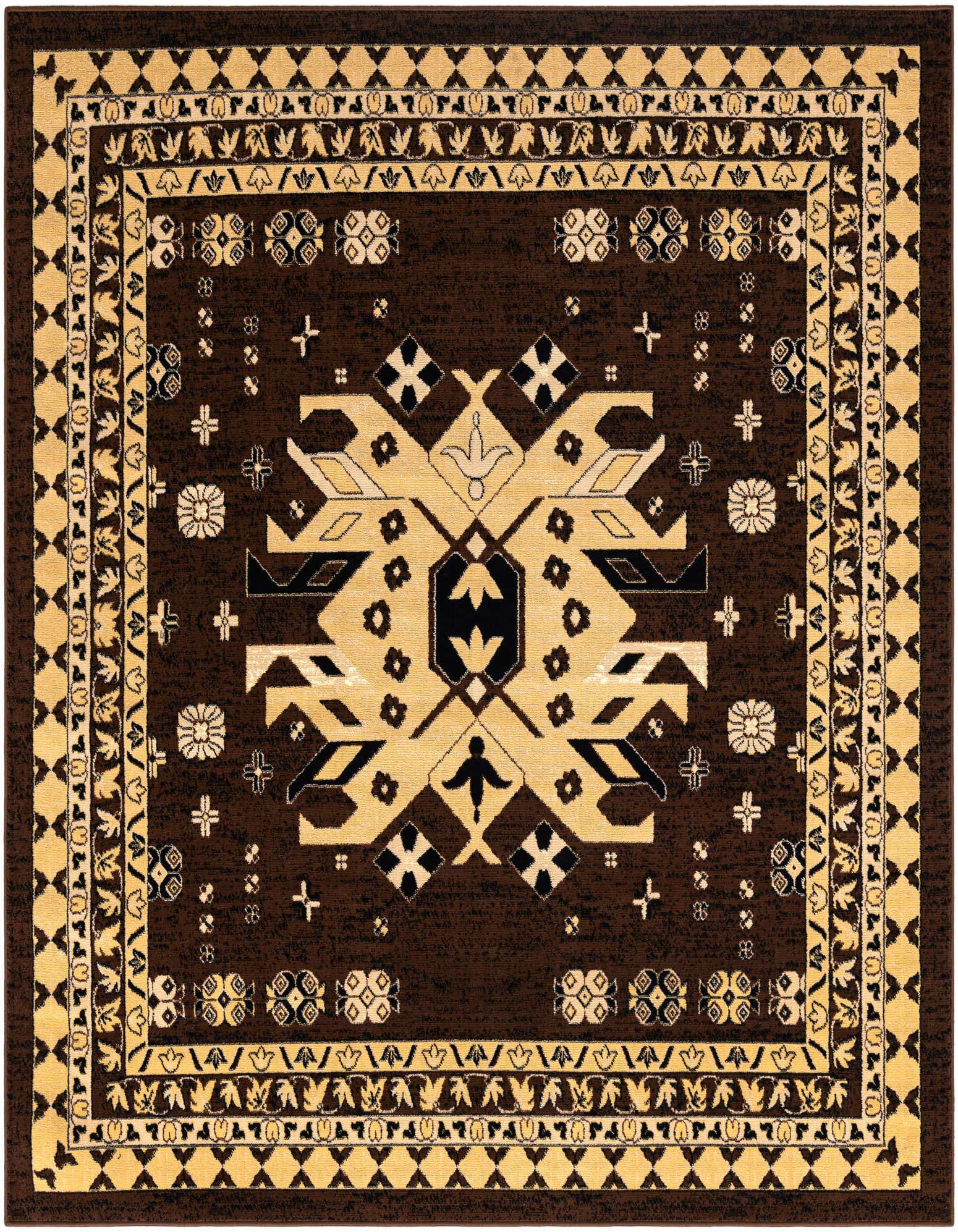 A 7' 10 x 7' 10 square Heris rug in browns and tans, featuring a traditional Southwestern medallion pattern.