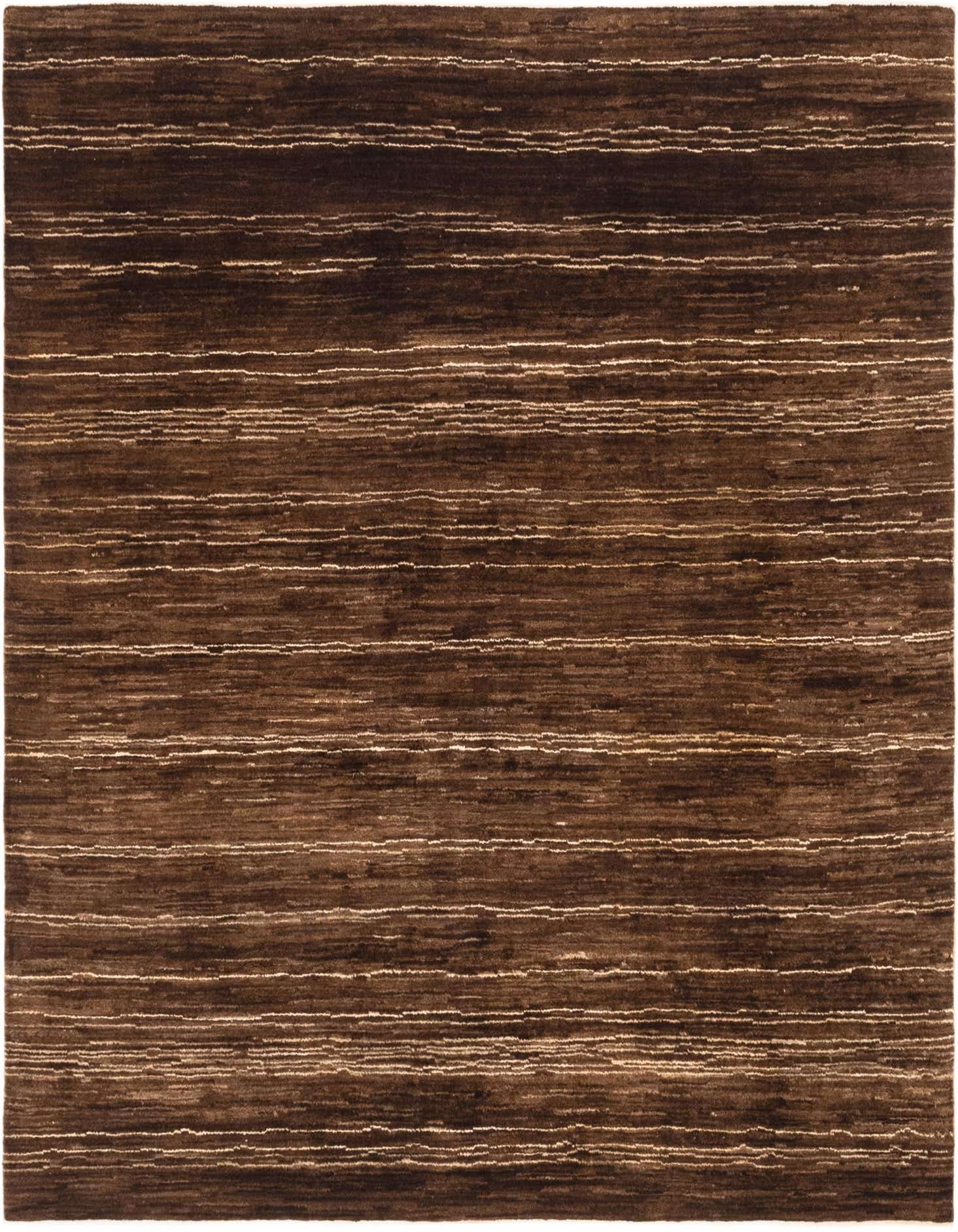 A square 6' 0 x 6' 6 brown wool area rug with subtle horizontal tan stripes, perfect for a modern living room.