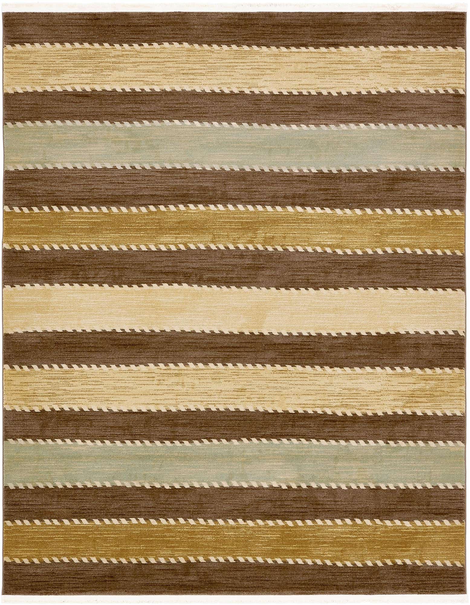 A square 8'x8' Kashkuli Gabbeh rug featuring horizontal stripes in varying shades of brown, tan, and light green, with a textured, medium pile.