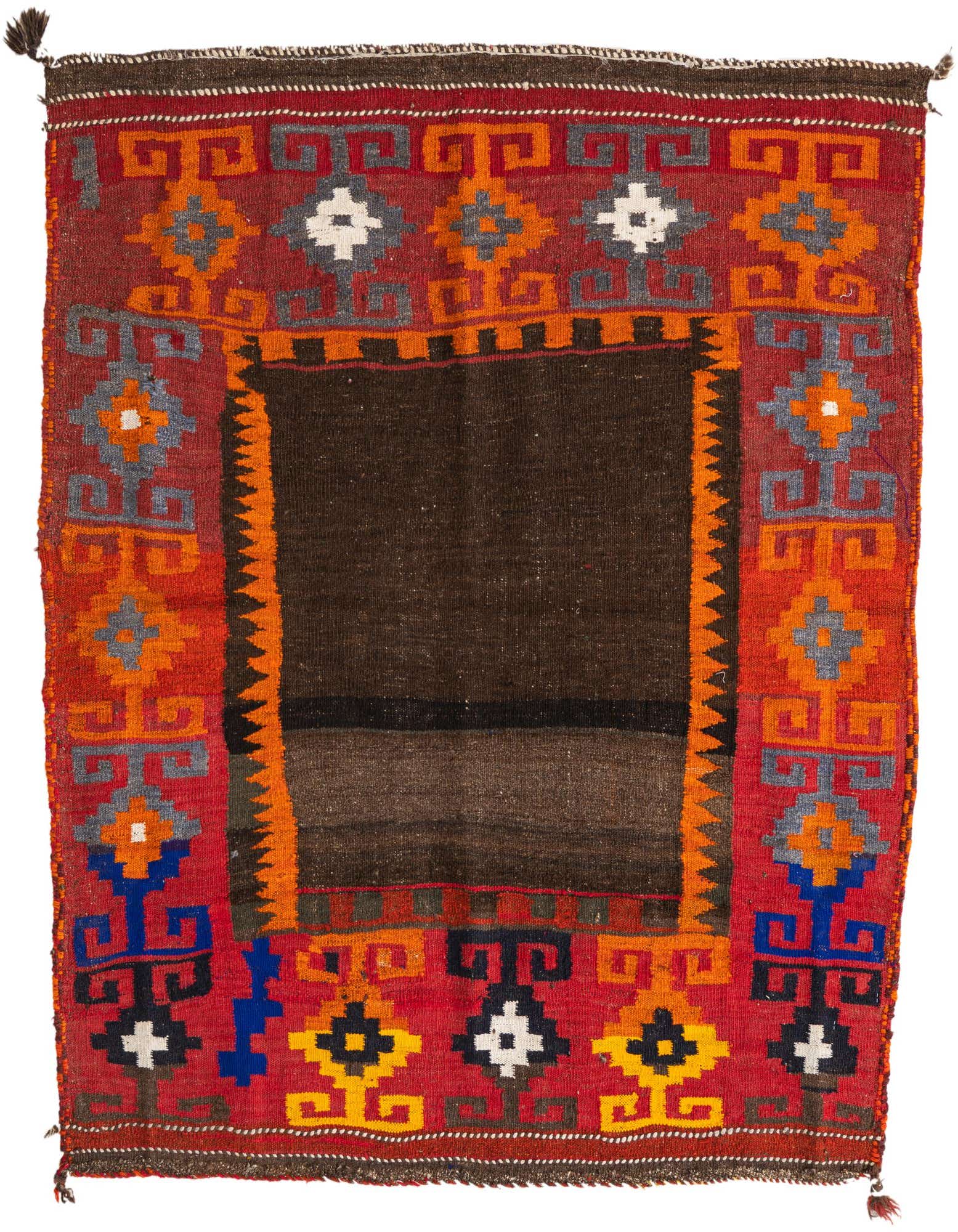 A square Kilim Fars wool rug featuring a dark brown center framed by a vibrant border of red, orange, blue, and white tribal patterns.