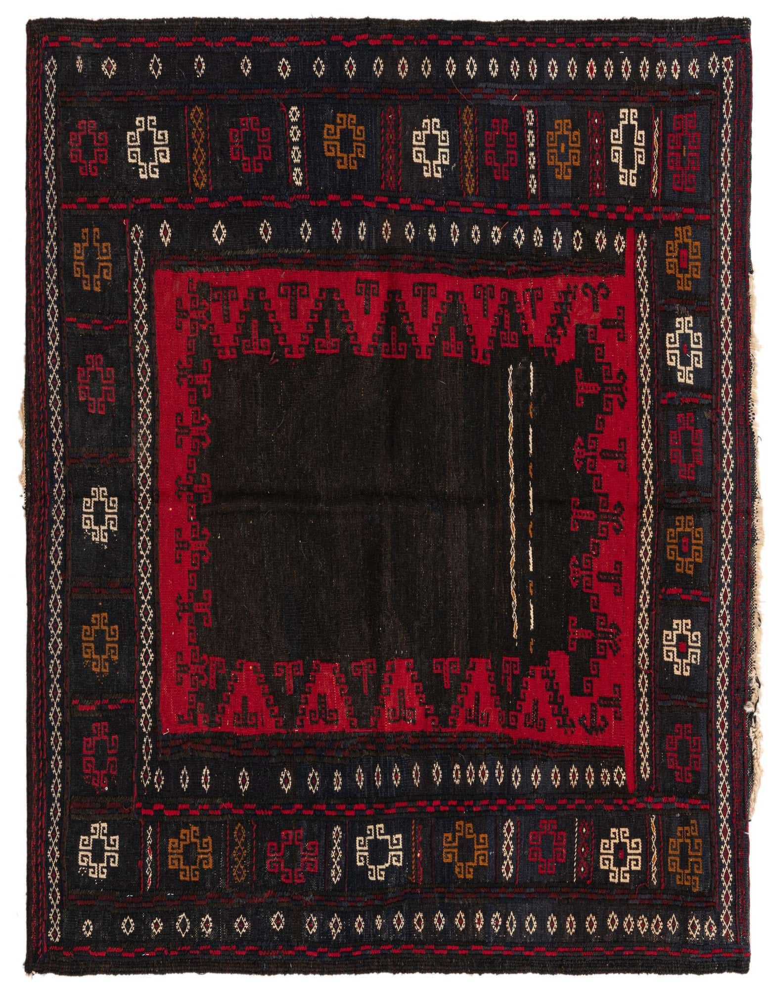 A square Kilim Fars rug with a dark brown center, a red geometric border, and an outer dark brown border with tribal motifs in tan, red, and white.