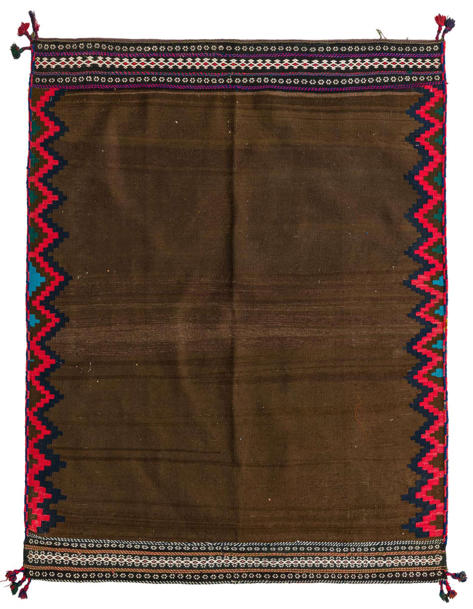 A 4' 7 x 5' 0 square Kilim Fars rug with a brown center and tribal zigzag patterns in red, blue, and green on the sides, with decorative striped borders.