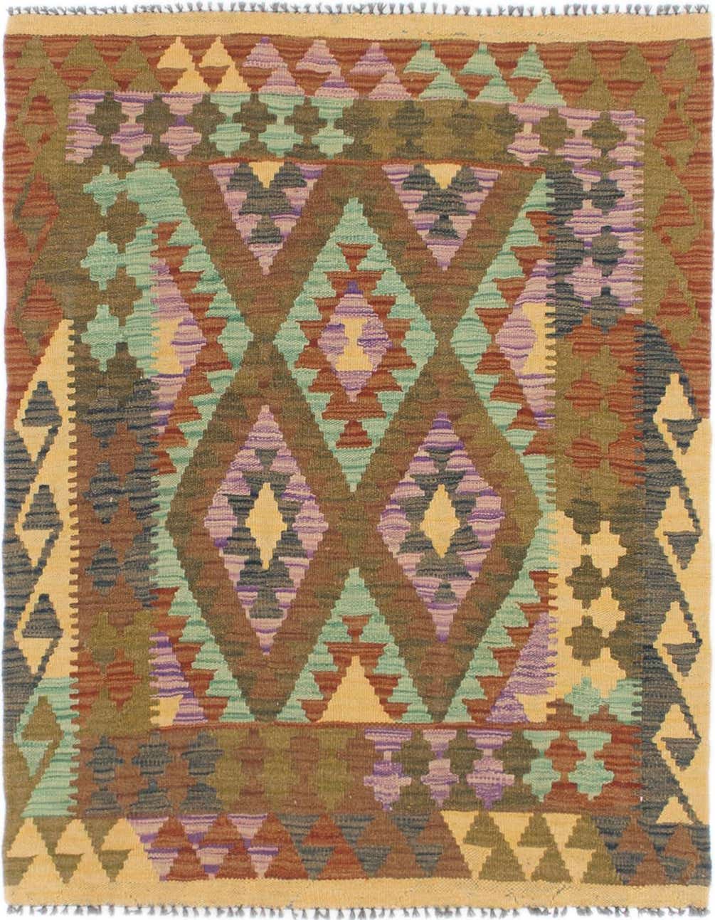 A square Kilim Maymana rug featuring a Southwestern geometric pattern in browns, tans, purples, and teals, with a flatweave texture.