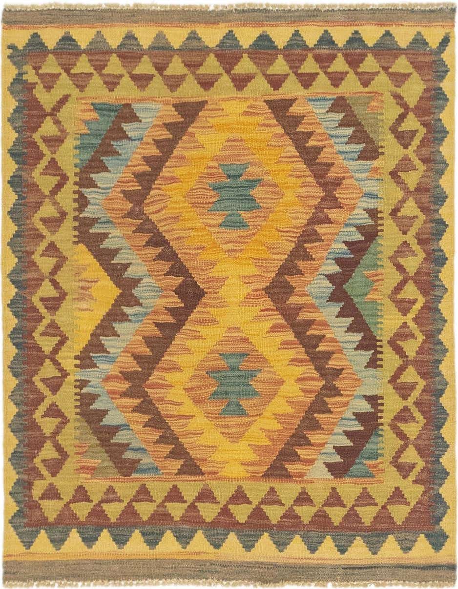 A square 3' 2 x 3' 7 Kilim Maymana rug featuring a Southwestern medallion pattern in browns, tans, and hints of blue and green.