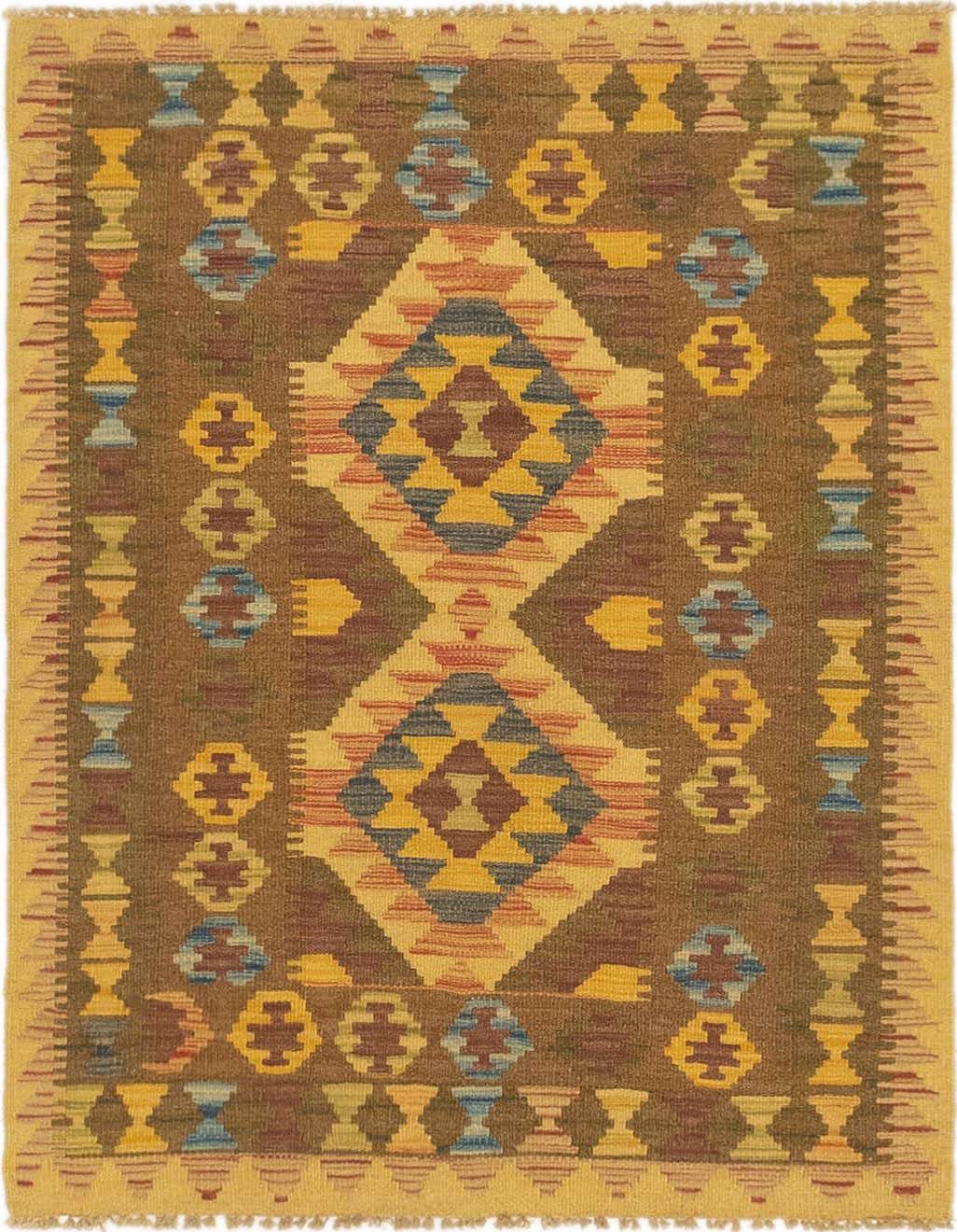 A 3'x3'10 square Kilim Maymana rug featuring a Southwestern and Tribal pattern in browns, tans, yellows, and blues, with two prominent diamond medallions.