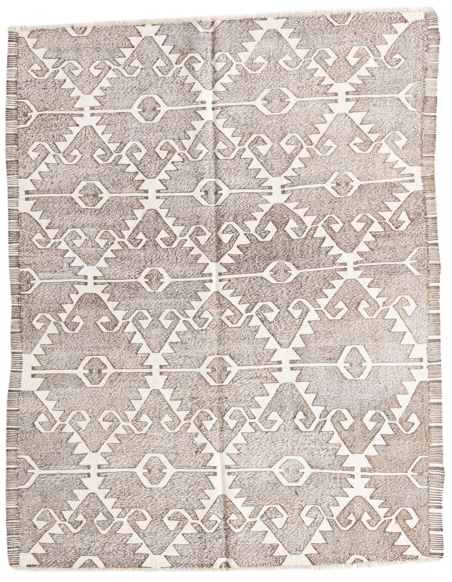 A 6' 2 x 7' 3 square brown and tan tribal wool rug with a modern geometric pattern.