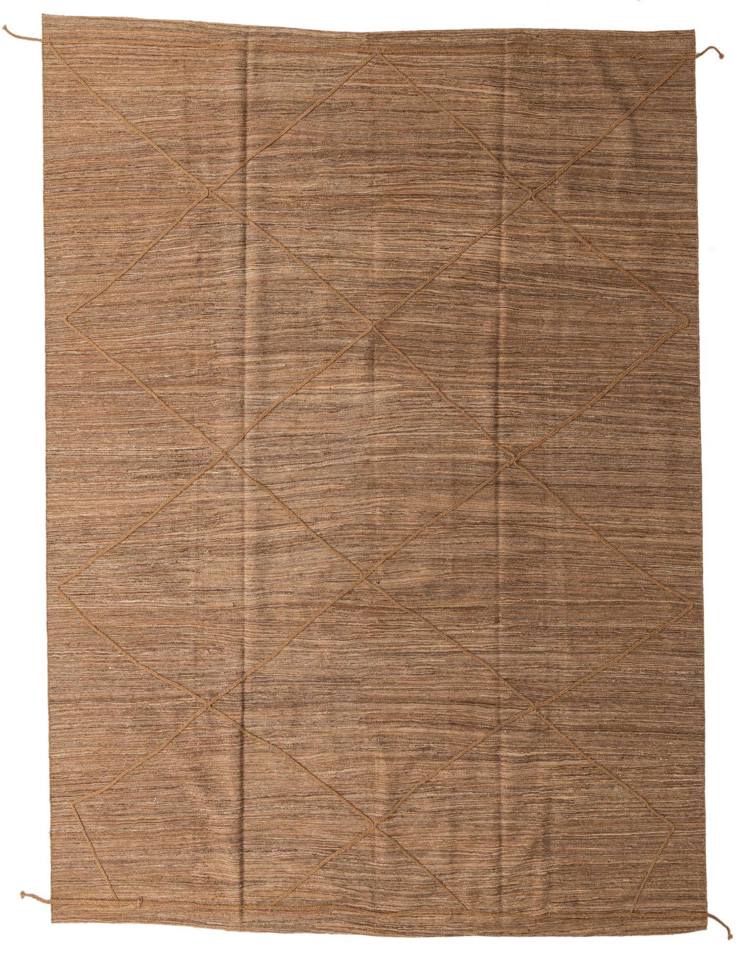 A 9' 7 x 10' 0 square brown flatweave wool rug with a subtle tribal diamond pattern.