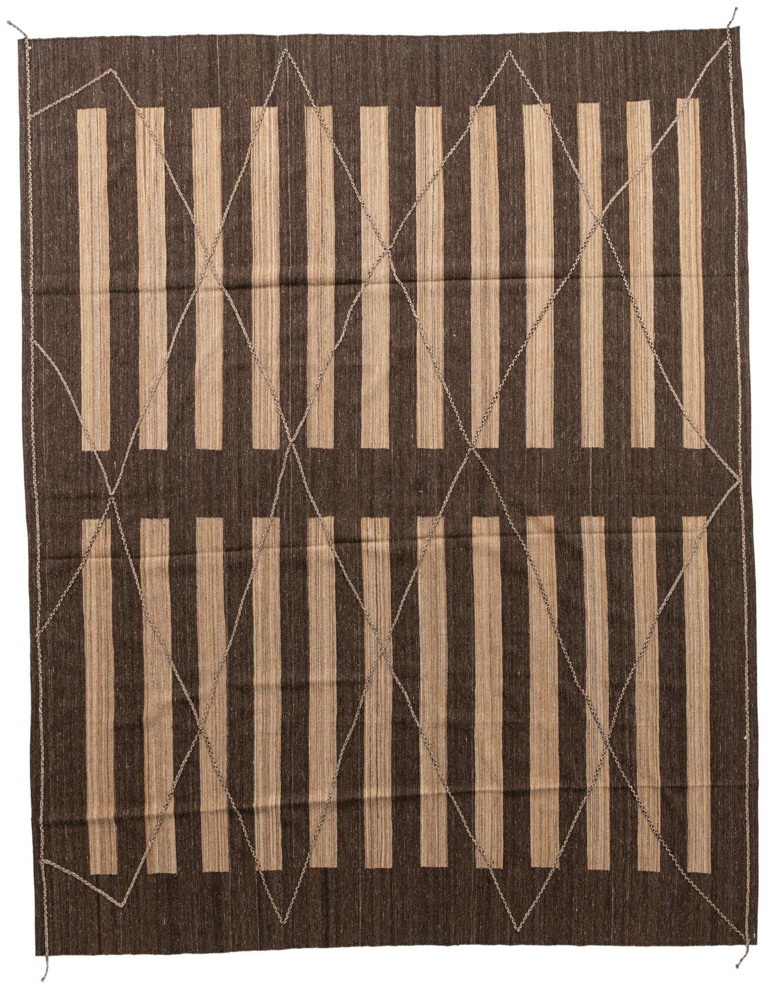 A large square Rugs.com Kilim Modern wool rug featuring a tribal pattern of dark brown and tan vertical stripes with a subtle diamond overlay.