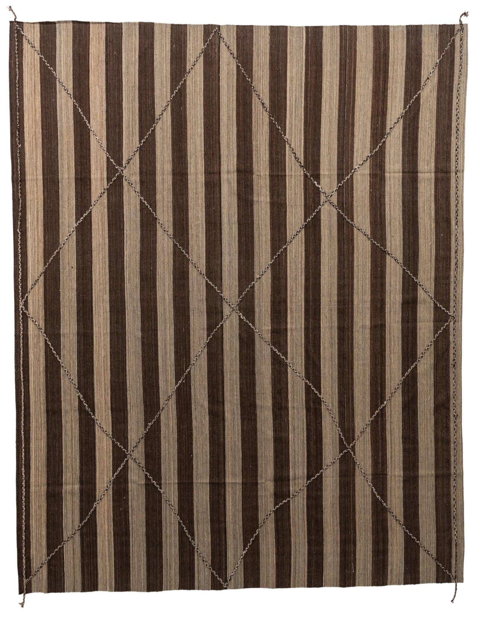 A large 13' 1 x 13' 8 square Kilim Modern rug featuring bold vertical stripes in varying shades of brown and tan, with a subtle diagonal chain-stitch pattern.