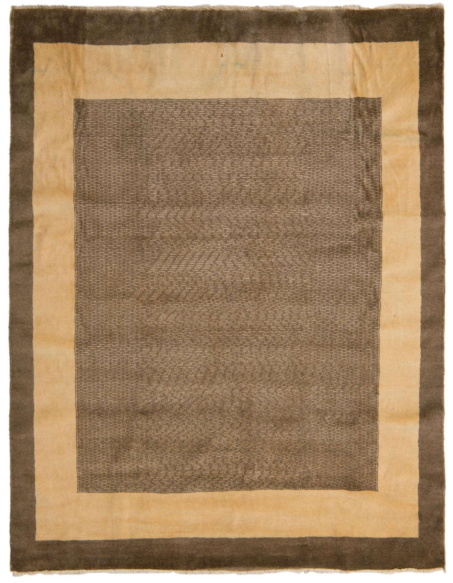 A square Rugs.com Modern Ziegler rug, 6' 4 x 6' 10, featuring a rich brown center bordered by a wide tan band, then a darker brown outer border, all in hand-spun wool.
