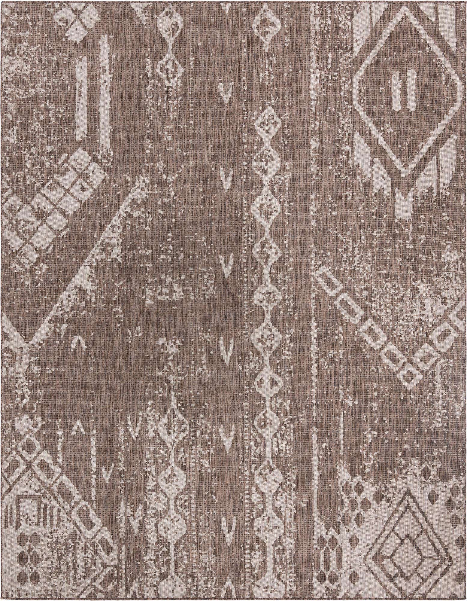 A square 10' 8 x 10' 8 brown and tan modern area rug with an abstract geometric pattern, suitable for a patio.