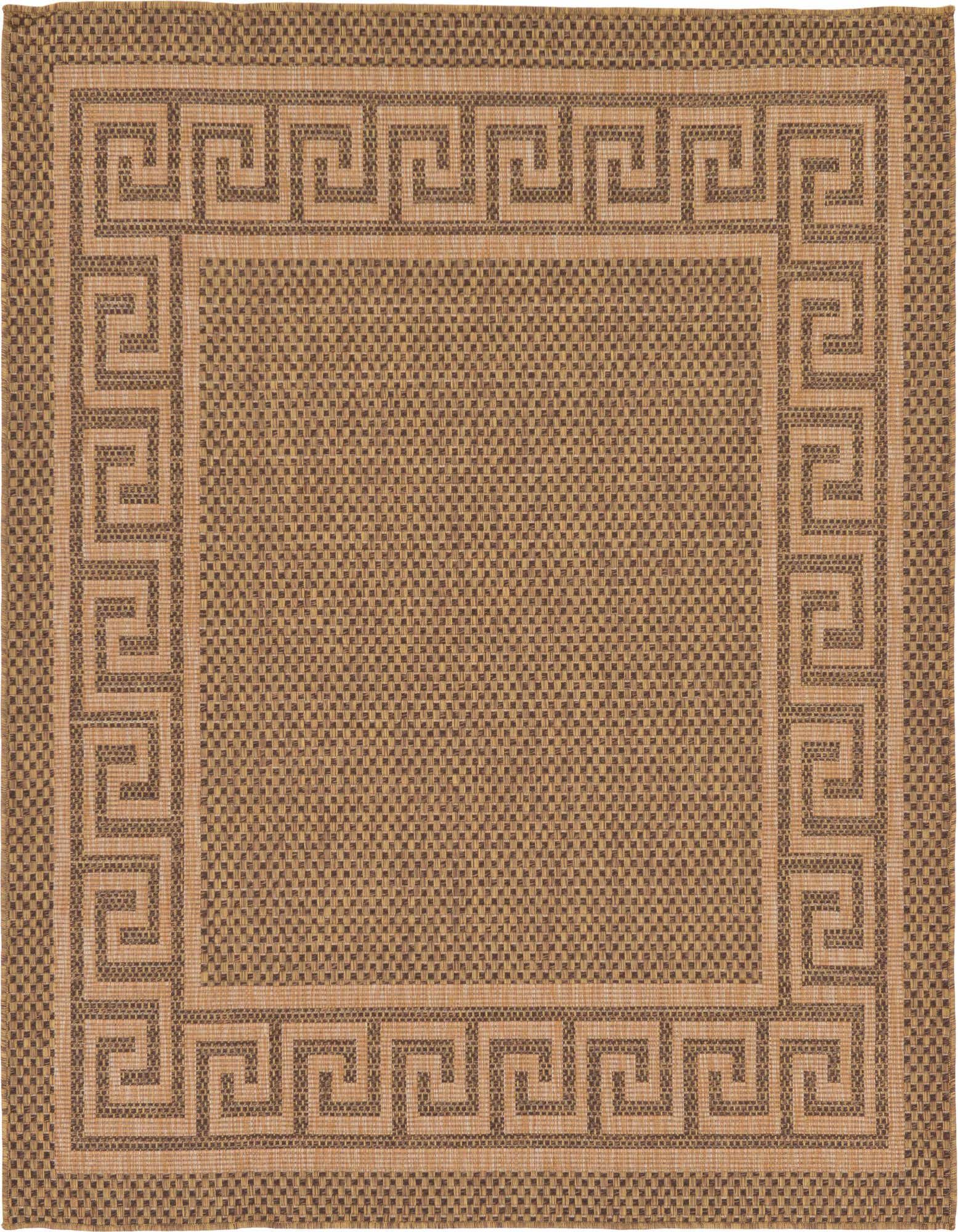 A 6x6 square brown indoor/outdoor rug with a Greek key border pattern, ideal for a patio or living room.