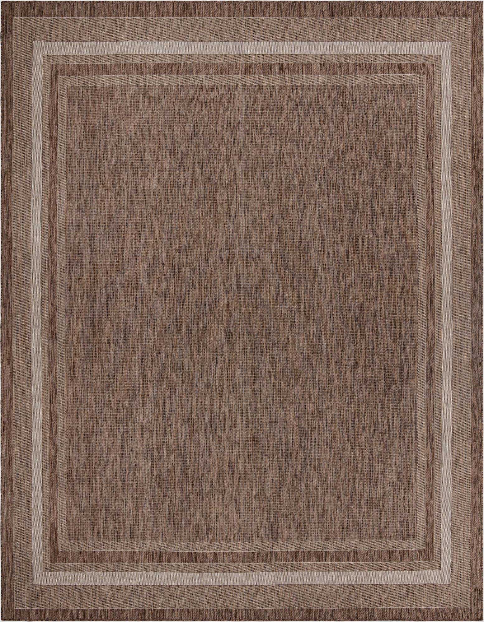 A 13' square brown flatweave rug with a subtle border design, suitable for indoor or outdoor use.