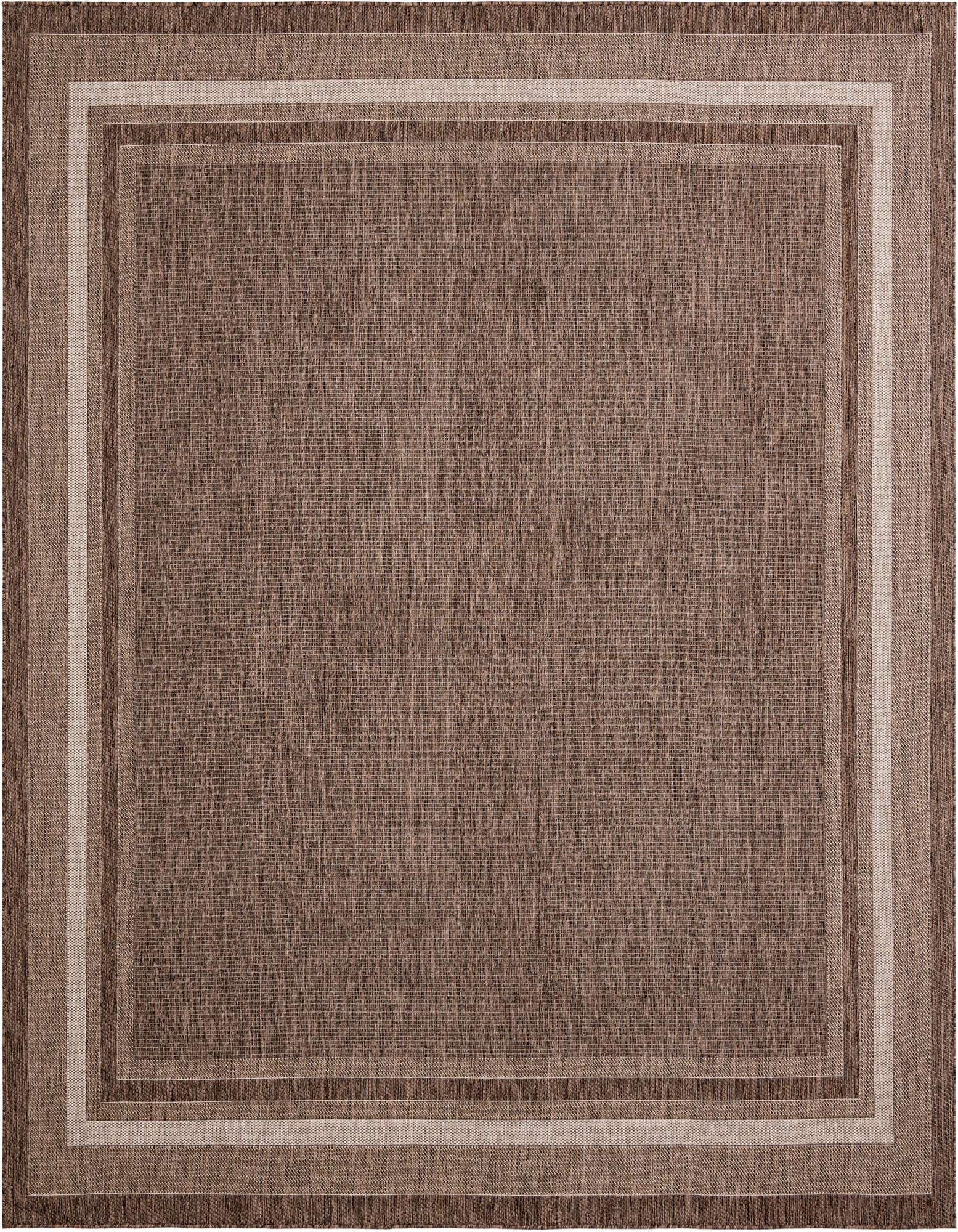 A 10'x10' square brown indoor/outdoor rug with a subtle striped border in varying shades of brown and tan.