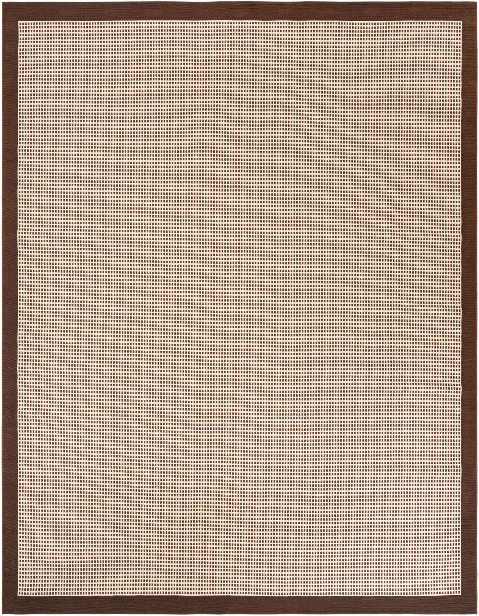A 10'x10' square brown and tan modern flatweave rug with a solid brown border, suitable for indoor or outdoor use.