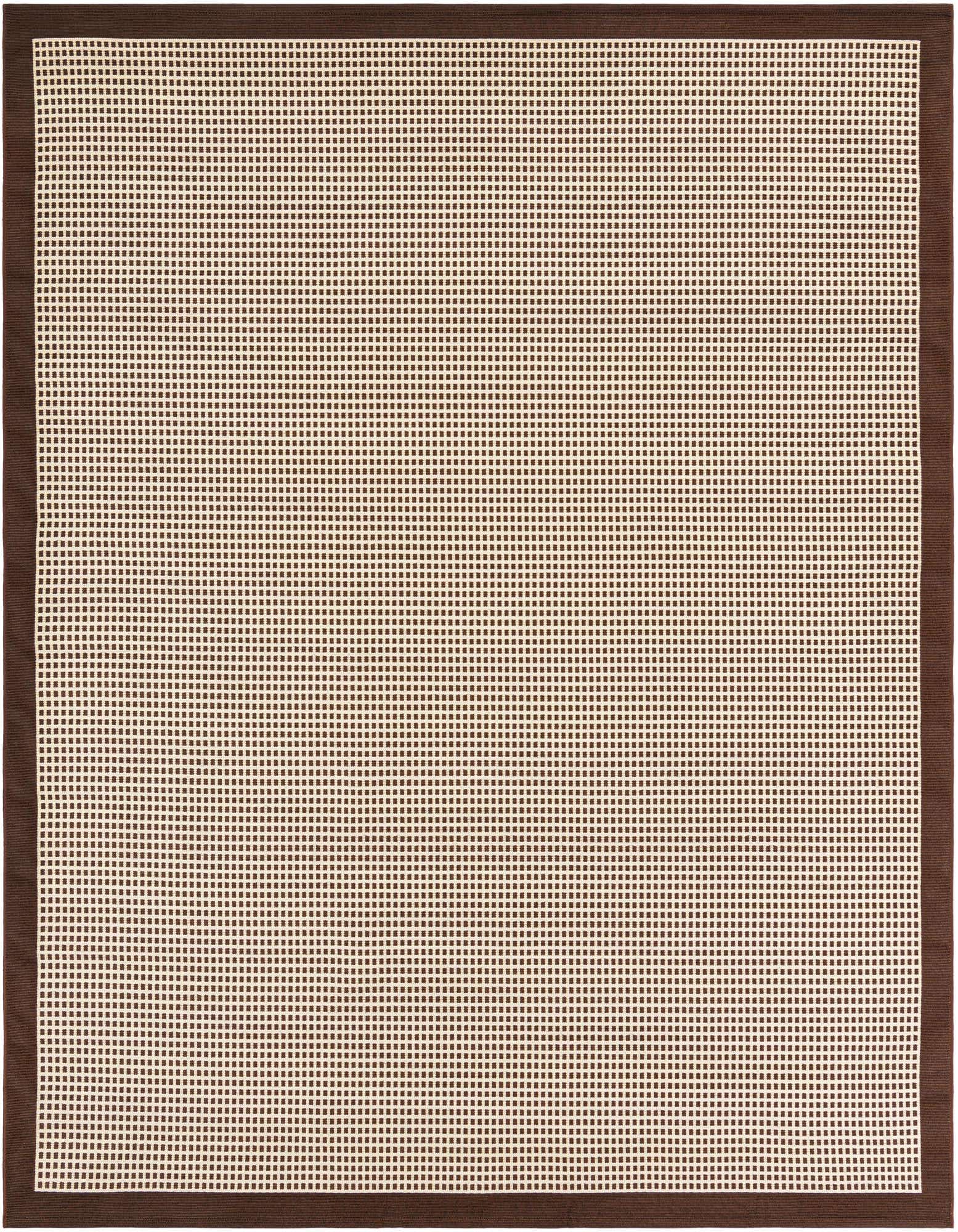 A 7' 10 x 7' 10 square brown and tan modern flatweave rug with a solid brown border.