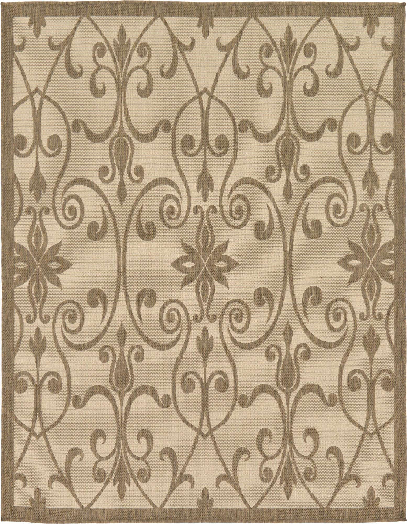 A 6x6 square indoor/outdoor rug featuring a traditional botanical medallion pattern in varying shades of brown and tan.