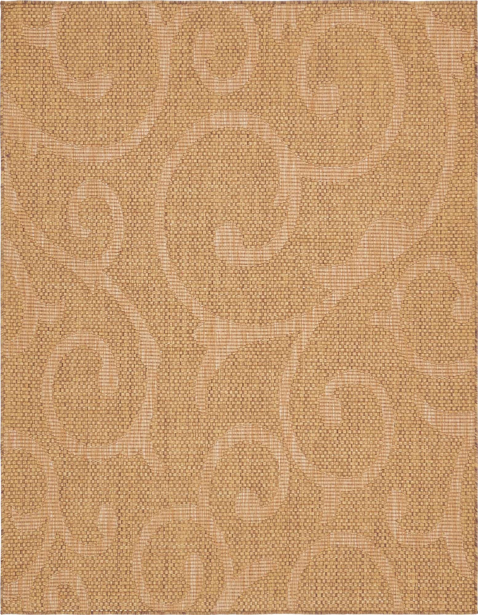 A 6'x6' square brown indoor/outdoor rug with a subtle, textured botanical pattern, ideal for a patio.