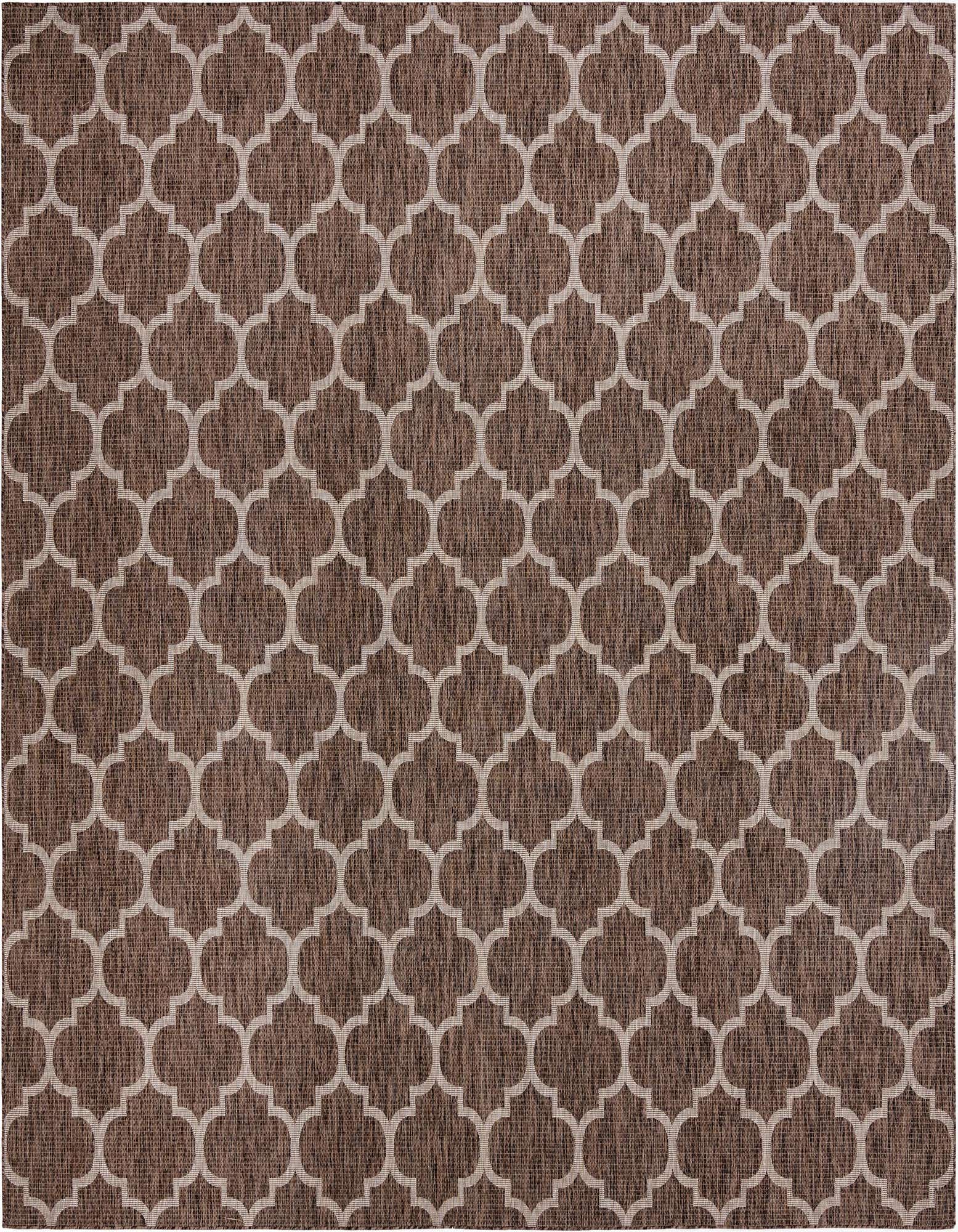 A brown and tan square indoor/outdoor rug with a repeating trellis pattern, ideal for a patio or living room.