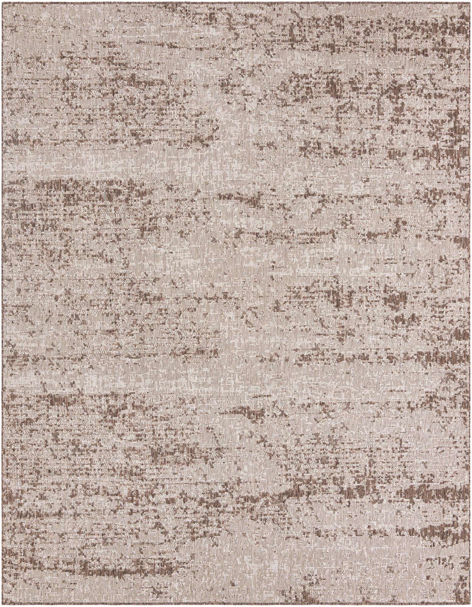 A 10' square brown and tan indoor/outdoor rug with a modern, distressed, textured pattern, suitable for a patio.