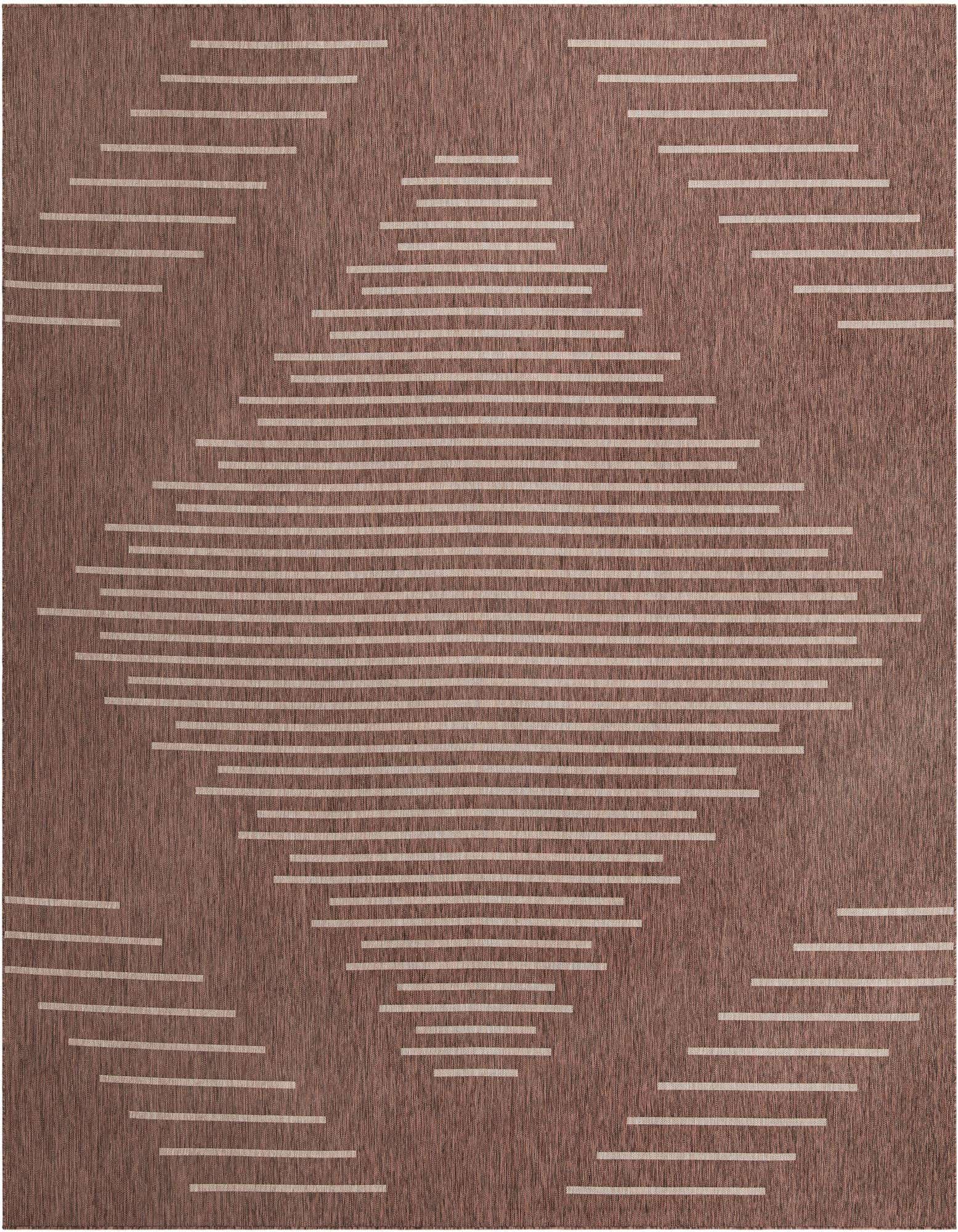 A 13' square brown indoor/outdoor rug with a modern Southwestern stripe pattern forming a large central diamond.