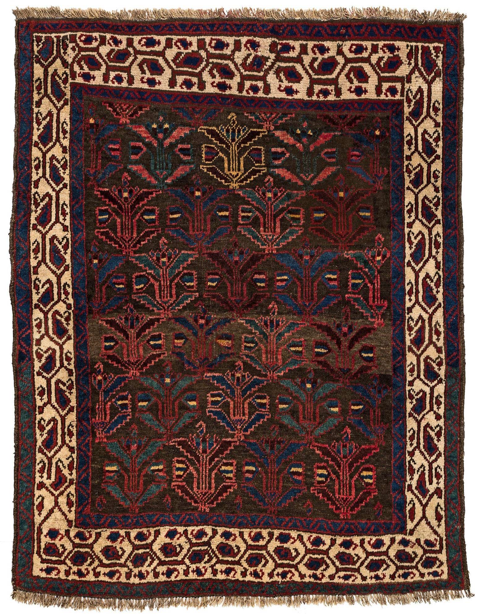 A square, handmade Saudjboulag rug featuring a dark brown field with intricate red, blue, and gold tribal patterns, framed by a tan and blue border.