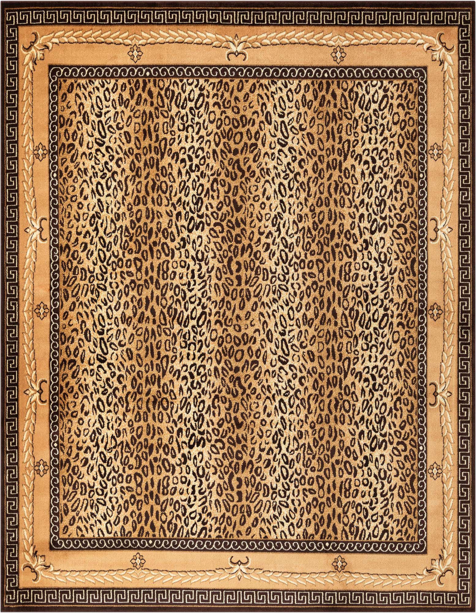 A square 10' 0 x 10' 0 Rugs.com Savannah rug featuring a bold leopard print pattern in browns and tans with a decorative border.